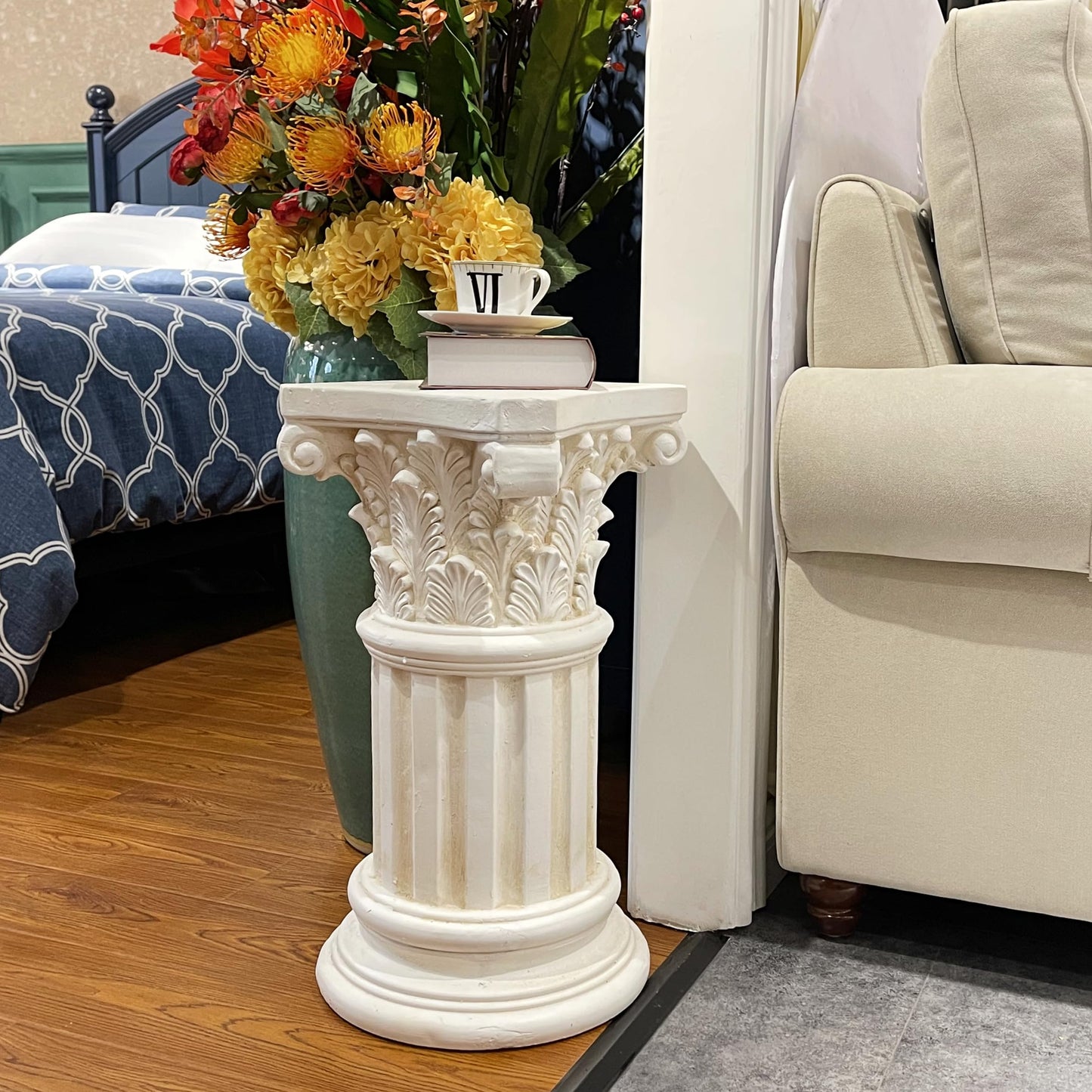 Exquisite Magnesium Oxide Corinthian Greek Column Pillar with Stand Base Pedestal for Indoor Outdoor Garden Backyard Courtyard Patio Office Decor23.9’’High,White