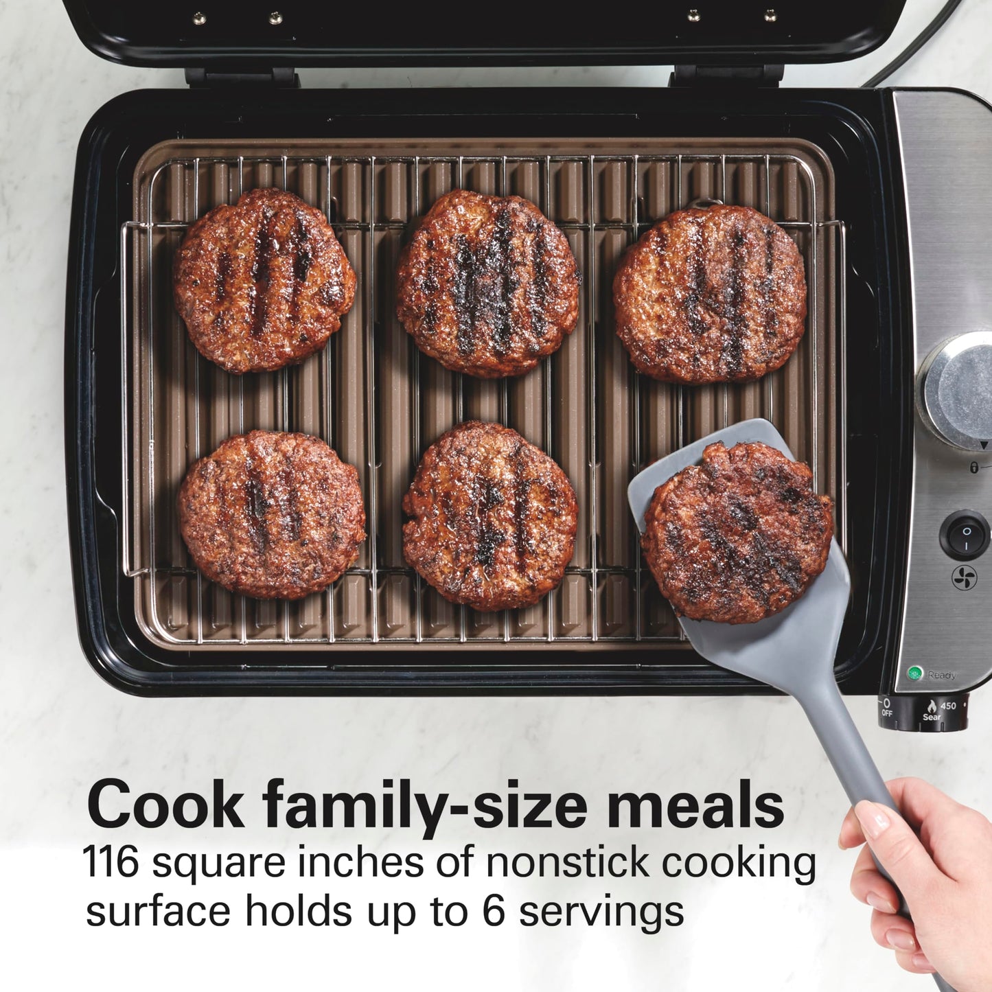 Hamilton Beach Electric Indoor Grill with Hot and Cold Smoke Infuser, 150°F - 450°F Temperature Control For Searing, Vented Hood and Fan, 116 Sq. In. Non-Stick Cooking Surface, Black (25375)
