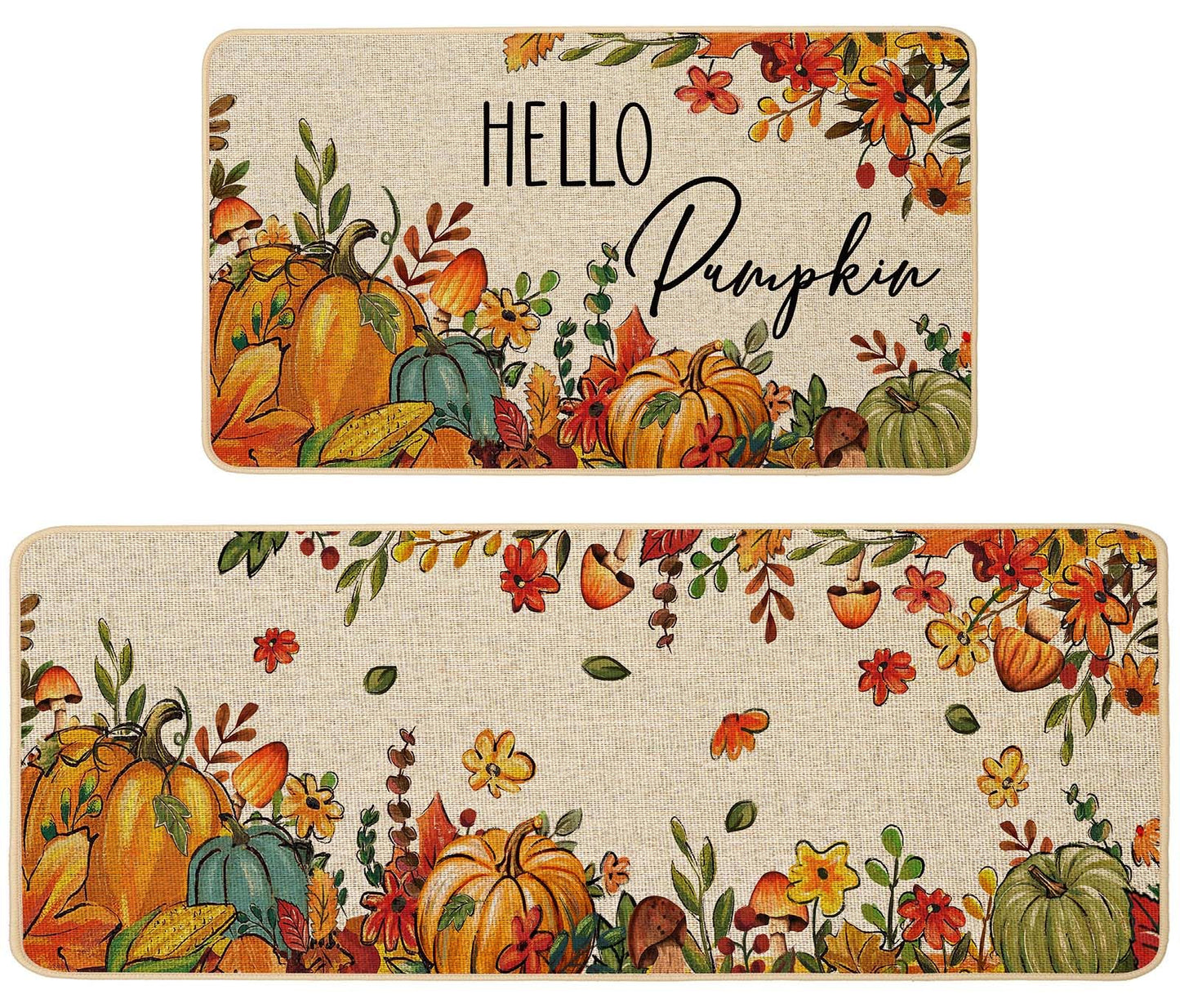 Baccessor Fall Pumpkins Kitchen Rugs Set of 2,Thanksgiving Autumn Pumpkins Floral Leaves Low-Profile Non Slip Absorbent Kitchen Mats for Floor Farmhouse Home Decor 17x29 and 17x47 Inch