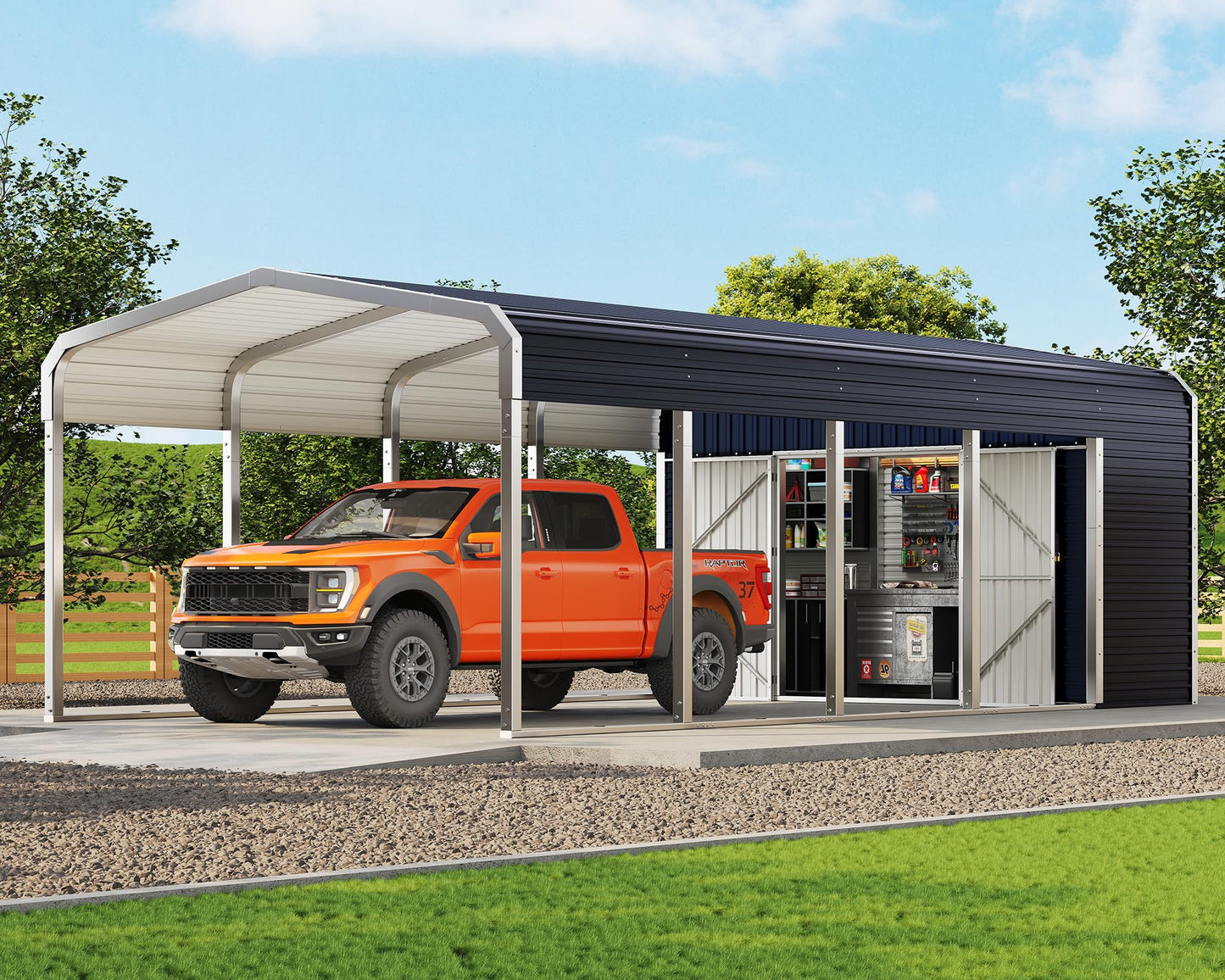 Jocisland 12x24 FT 2-in-1 Carport & Storage Shed, Heavy Duty Carport with Galvanized Steel Roof, 12x4.2 FT Metal Shed with 2 Transparent Panels & Double Doors, Car Canopy for Cars, Boats, Trucks