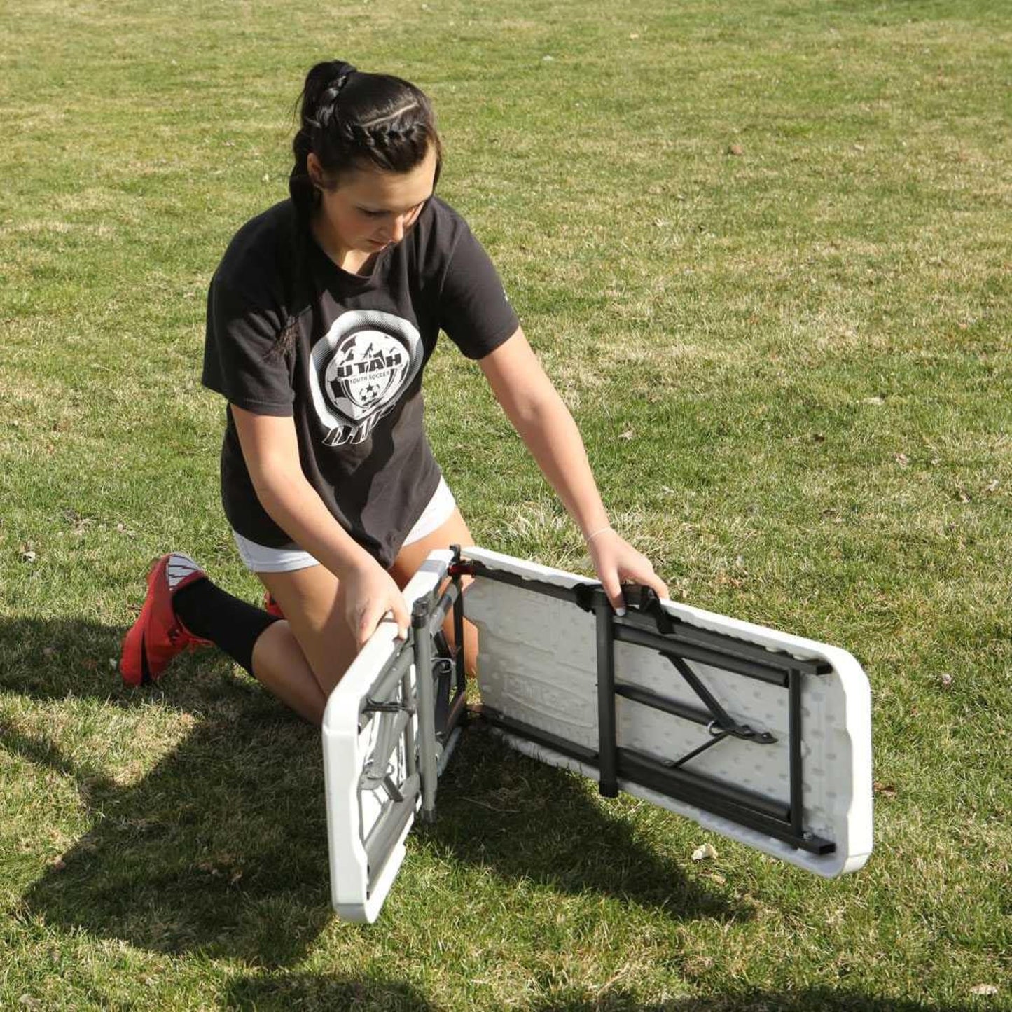 LIFETIME Portable Folding Bench, 6‑Foot Fold‑in‑Half, UV‑Resistant Seat, Powder‑Coated Steel Frame, Lightweight, Stain‑Resistant, Non‑Marring Foot Caps, Indoor/Outdoor Portable Seating