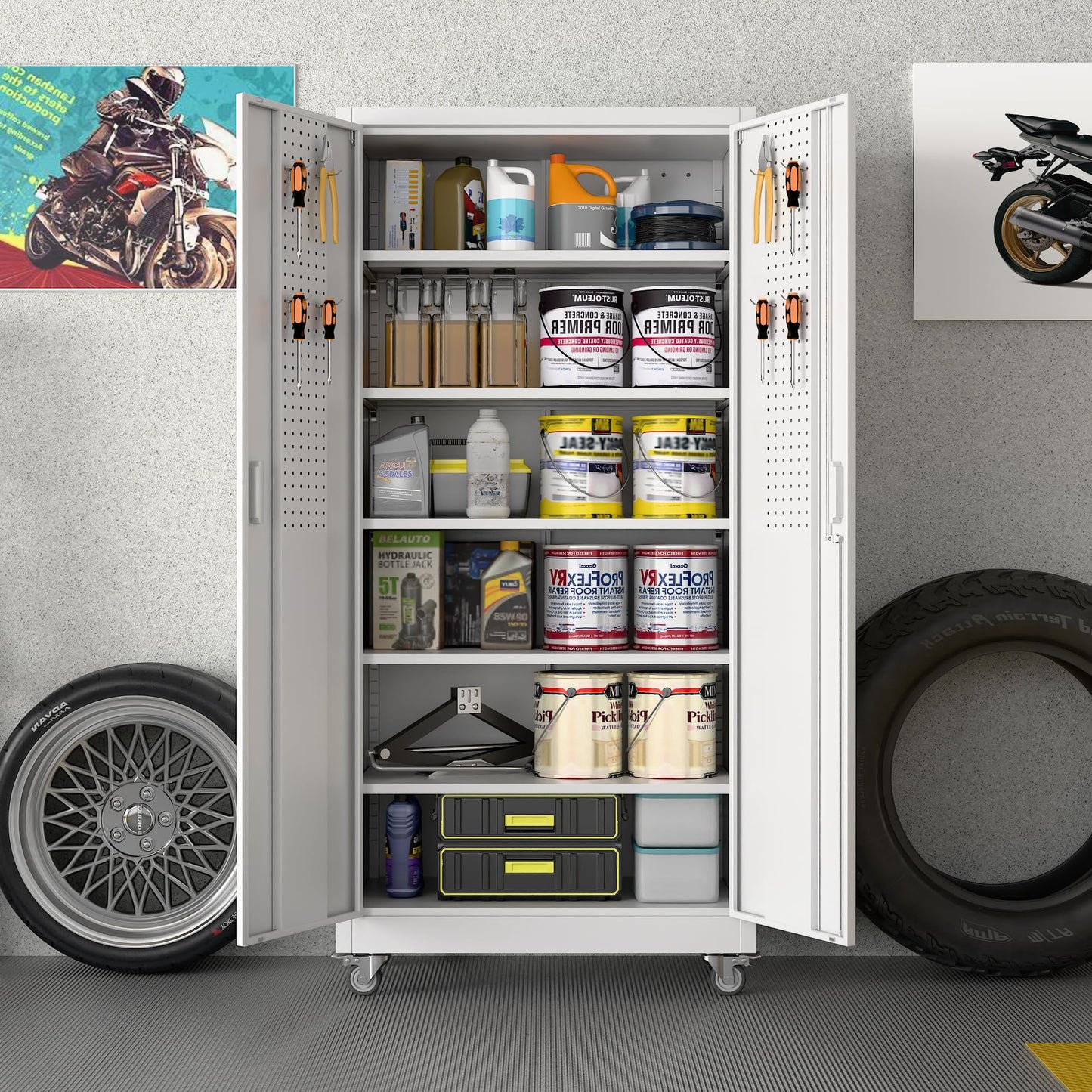 Aobabo Upgraded Garage Storage Cabinets with Wheels,Metal Storage Cabinets with 5 Adjustable Shelves for Garage Home Office Storage,White,71''H*34''W*18''D,Assembly Required
