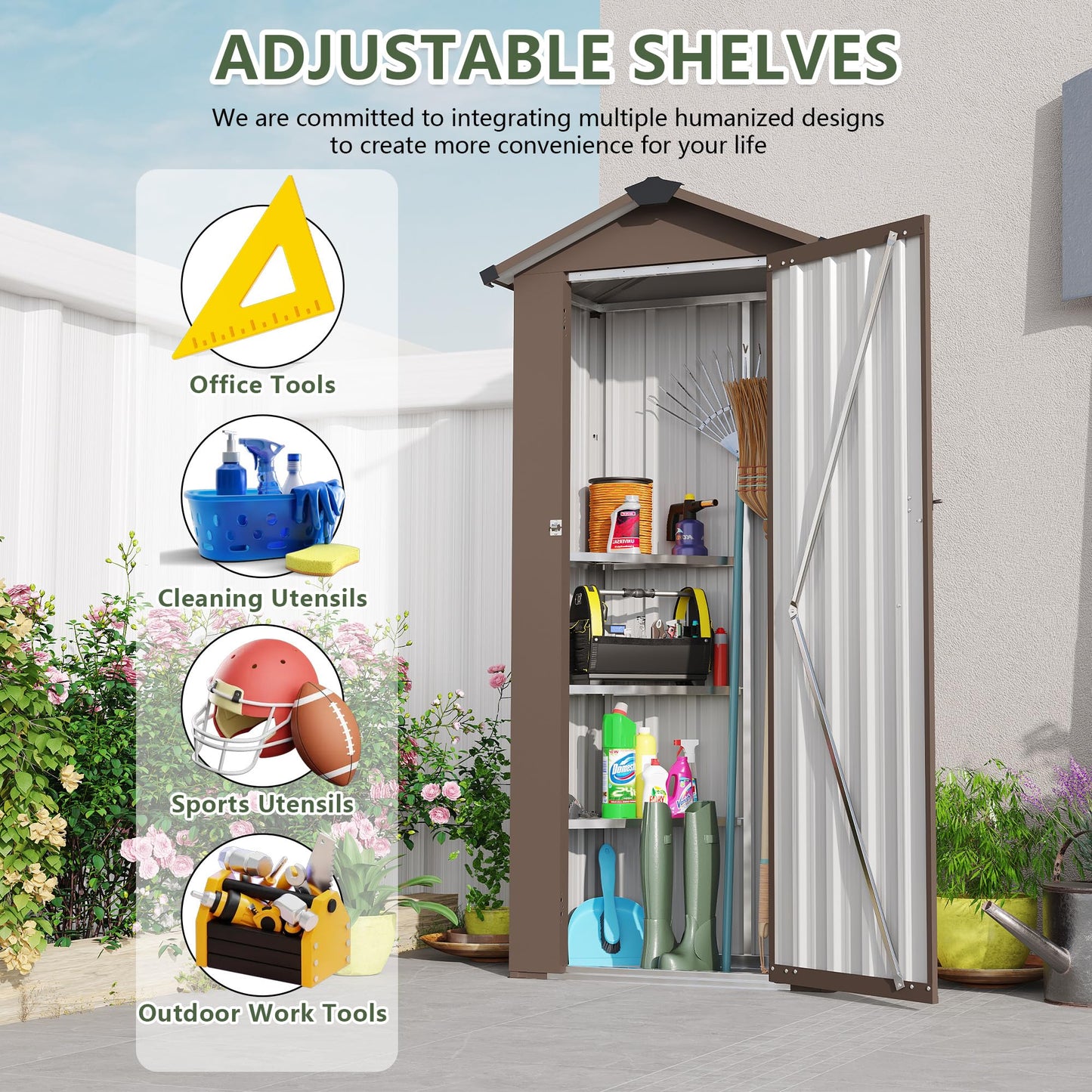 KEIKI Outdoor Storage Shed, 69.7''x16.9''x29.5'' Metal Tool Shed with Sloping Roof & Lockable Door, Small Shed, Top Tall Vertical Tool Cabinet for Backyard Garden Patio Lawn