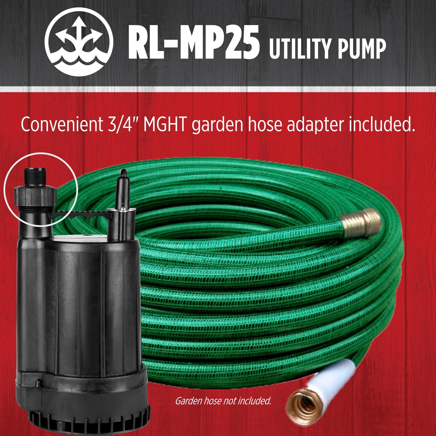 Red Lion RL-MP25 115 Volt, 1/4 HP, 2200 GPH Manual Thermoplastic Submersible Utility Pump, 8-Ft. Cord, Black, 14942732