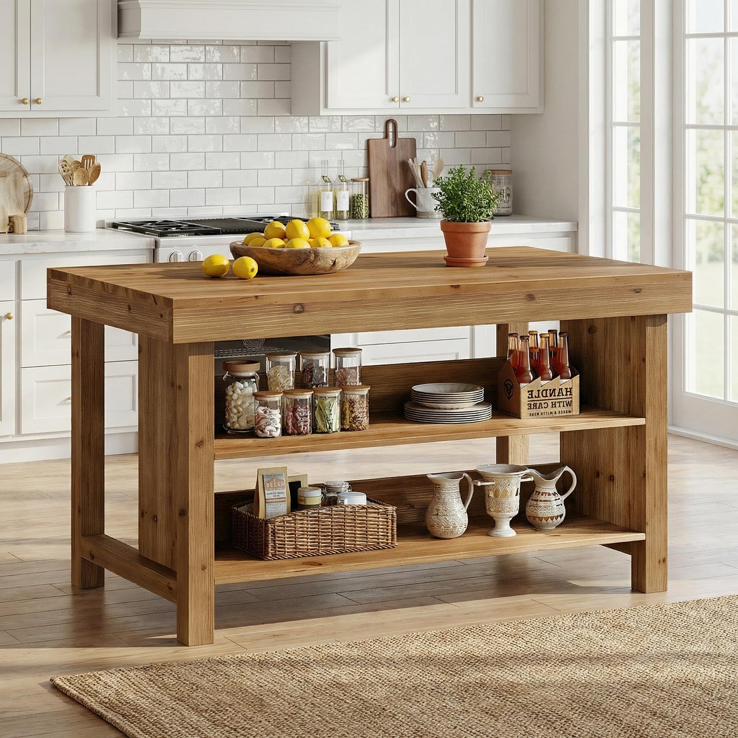 TRIBEWOOD 55" Solid Wood Kitchen Island with Storage, Farmhouse Kitchen Island Table with 3-Tier Open Shelves and Large Countertop for Kitchen, Dining & Living Room, Natural Oak