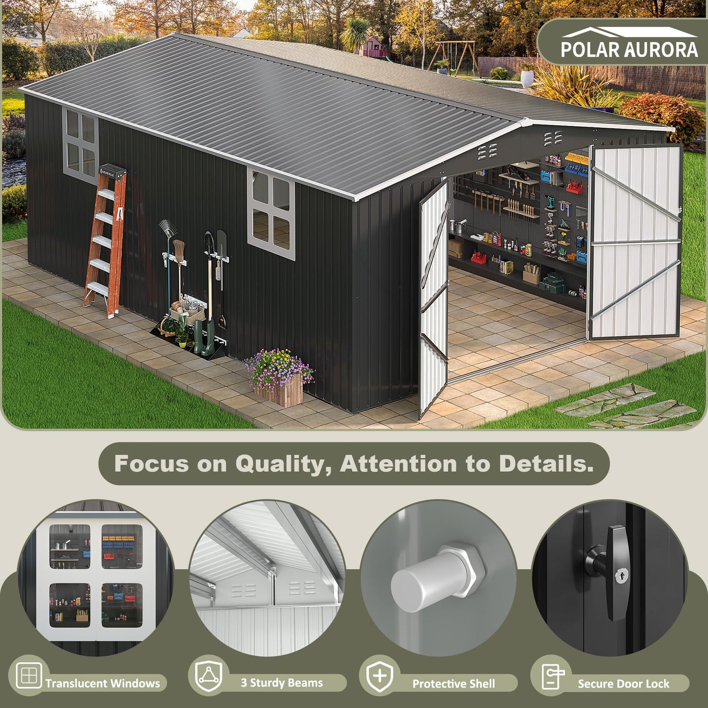 Polar Aurora 12x18 FT Outdoor Storage Shed, Garden Shed with Window, Updated Frame Structure and Lockable Doors, Metal Tool Sheds for Backyard Garden Patio Lawn, Black