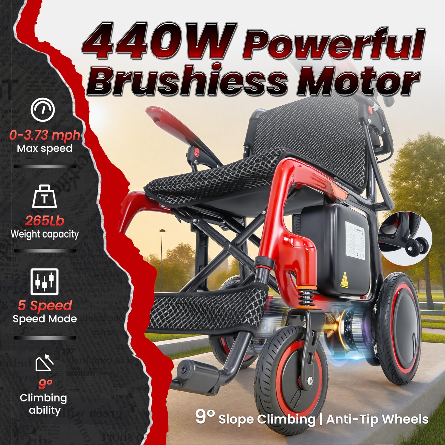 Ultralight 30+Mile Range 100% Carbon Fibre Electric Wheelchair, Upgraded Tyres All Terrains Power Wheelchair Airline Approved, Includes Inflatable Seat Cushion, LED Light, Backpack, Dust Cover