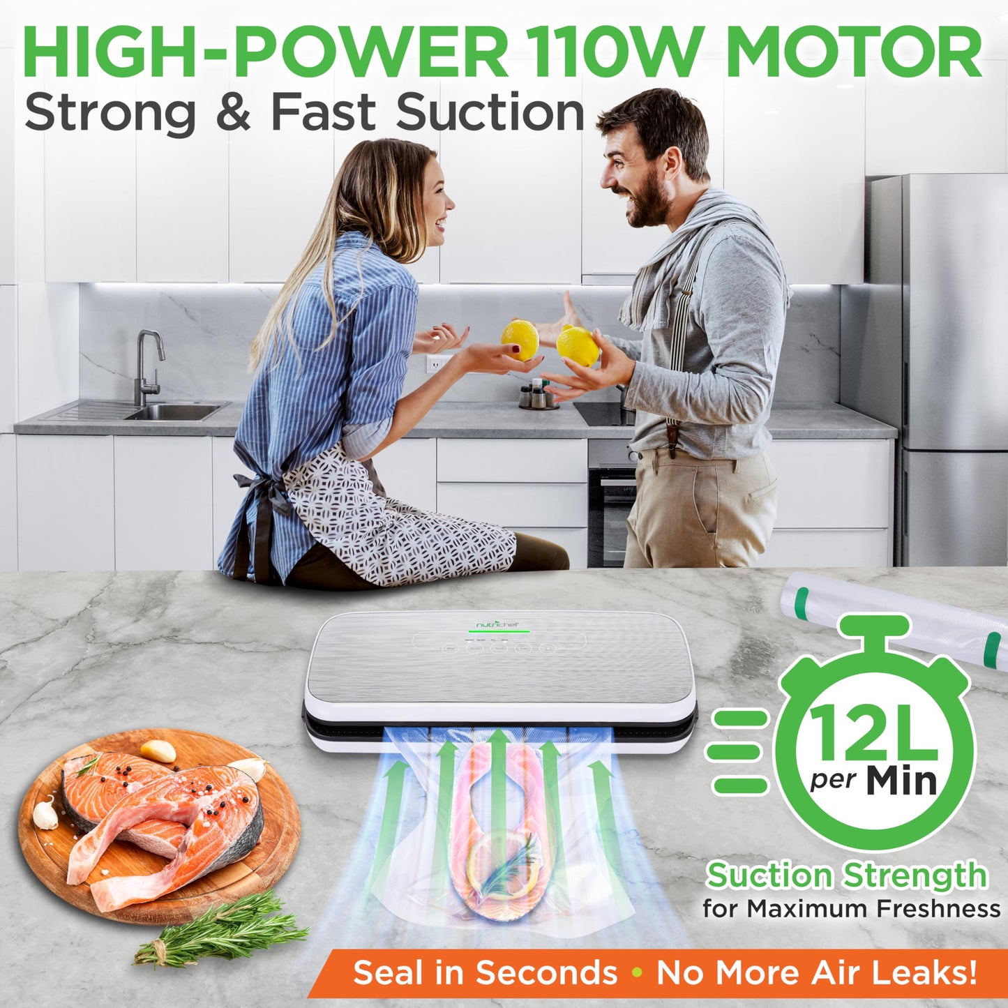 NutriChef Vacuum Sealer For Food - Automatic Air Sealing Machine for Dry & Moist Foods, LED Touch Controls, Includes Vacuum Bags, Hose & Wine Stopper, High Suction Power