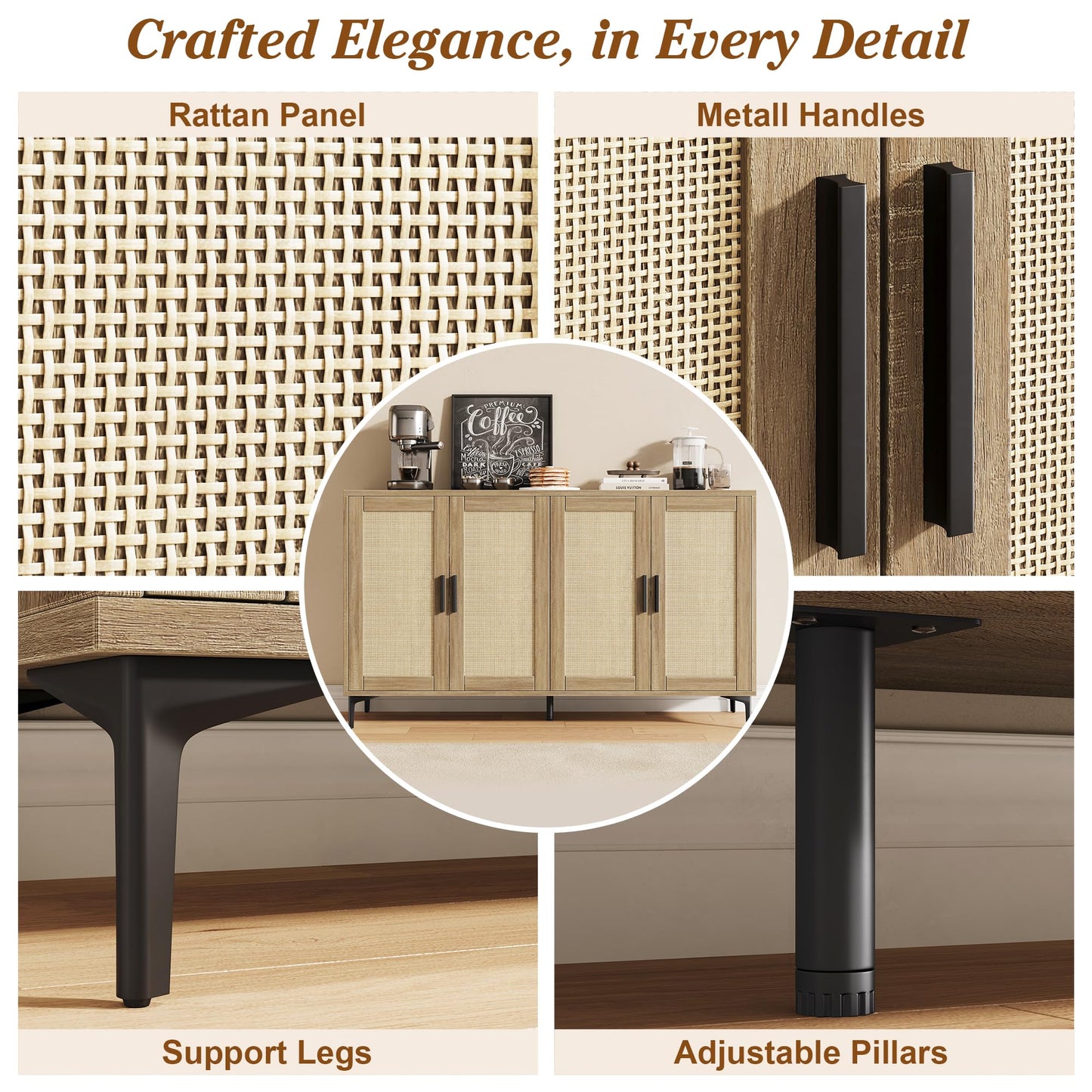 JASIWAY Buffet Cabinet with Storage, 48" Rattan Sideboard with Adjustable Shelves, Modern Coffee Bar Cabinet Console Table with Doors, Credenza for Kitchen, Living Room, Entryway, Dining Room, Wood