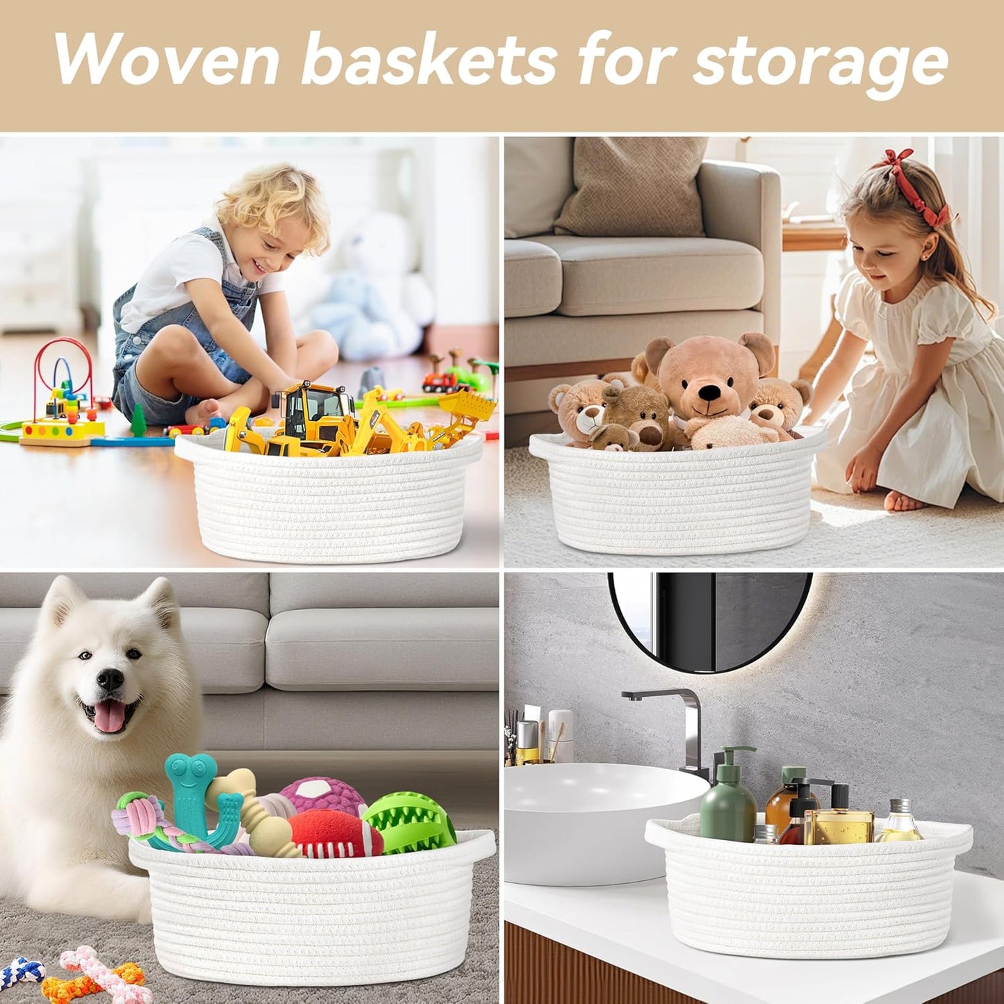 Pro Goleem Small Woven Easter Basket - Durable Gift Basket with Ribbons | 12" x 8" x 5" White Storage Basket