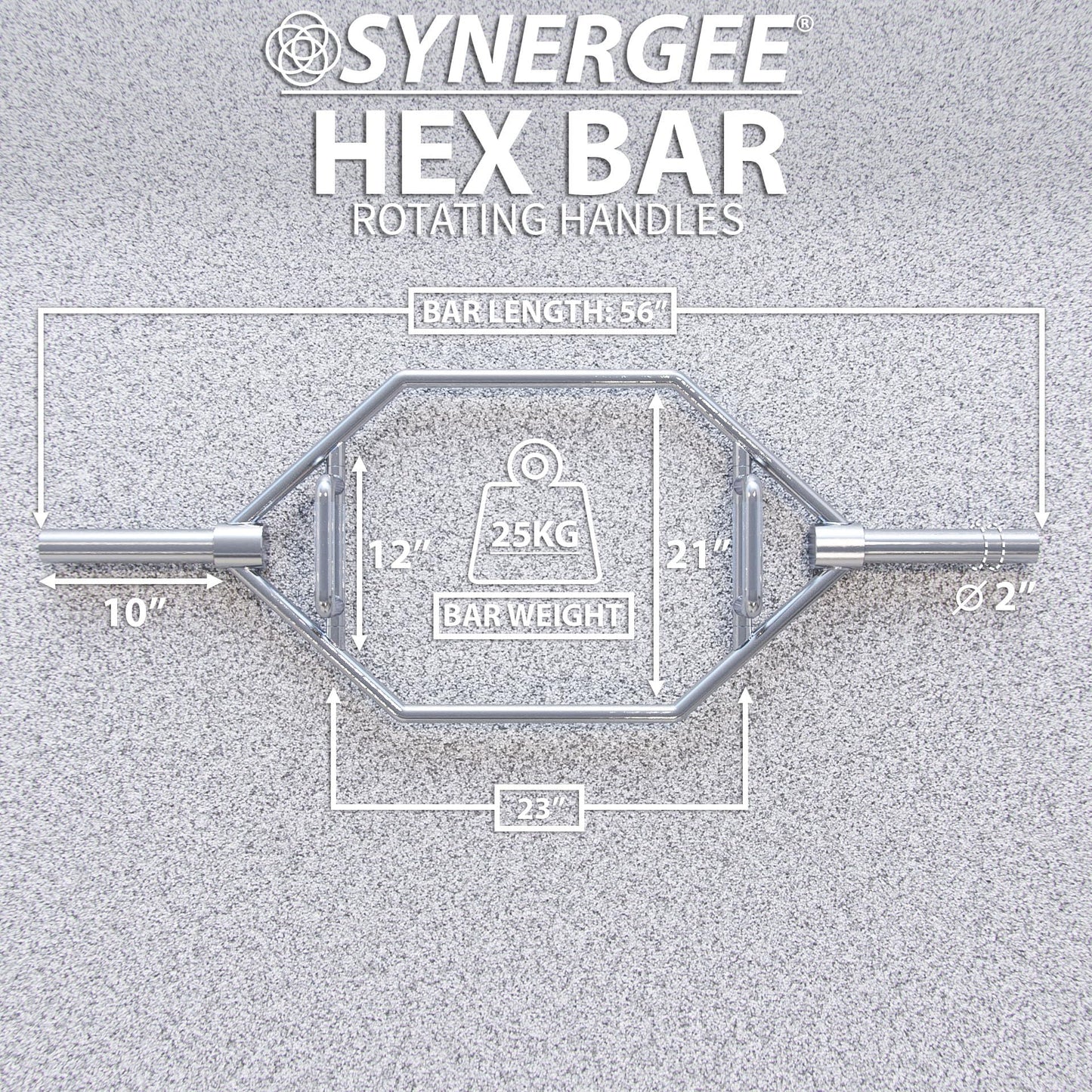 Synergee 25kg Chrome Olympic Hex Barbell Trap Bar with Two Handles for Squats, Deadlifts, Shrugs and Power Pulls. 56” Long Bar with 10” Sleeve.