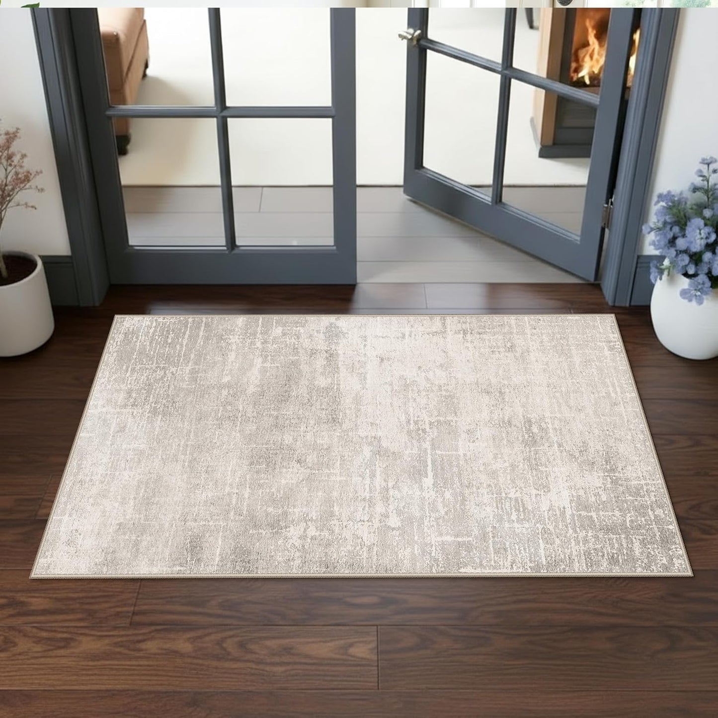 Skiennix Washable Area Rug - Abstract Water Resistant Non-Slip Doormat | Ultra Soft 2x4 Beige/Cream