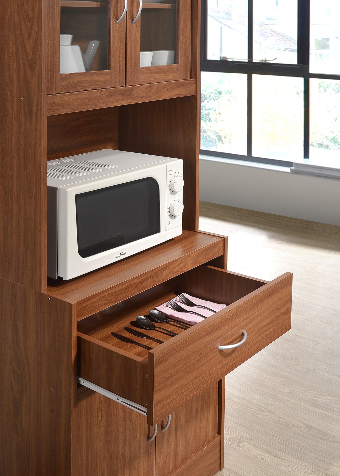 Hodedah Long Standing Kitchen Cabinet with Top & Bottom Enclosed Cabinet Space, One Drawer, Large Open Space for Microwave, Cherry