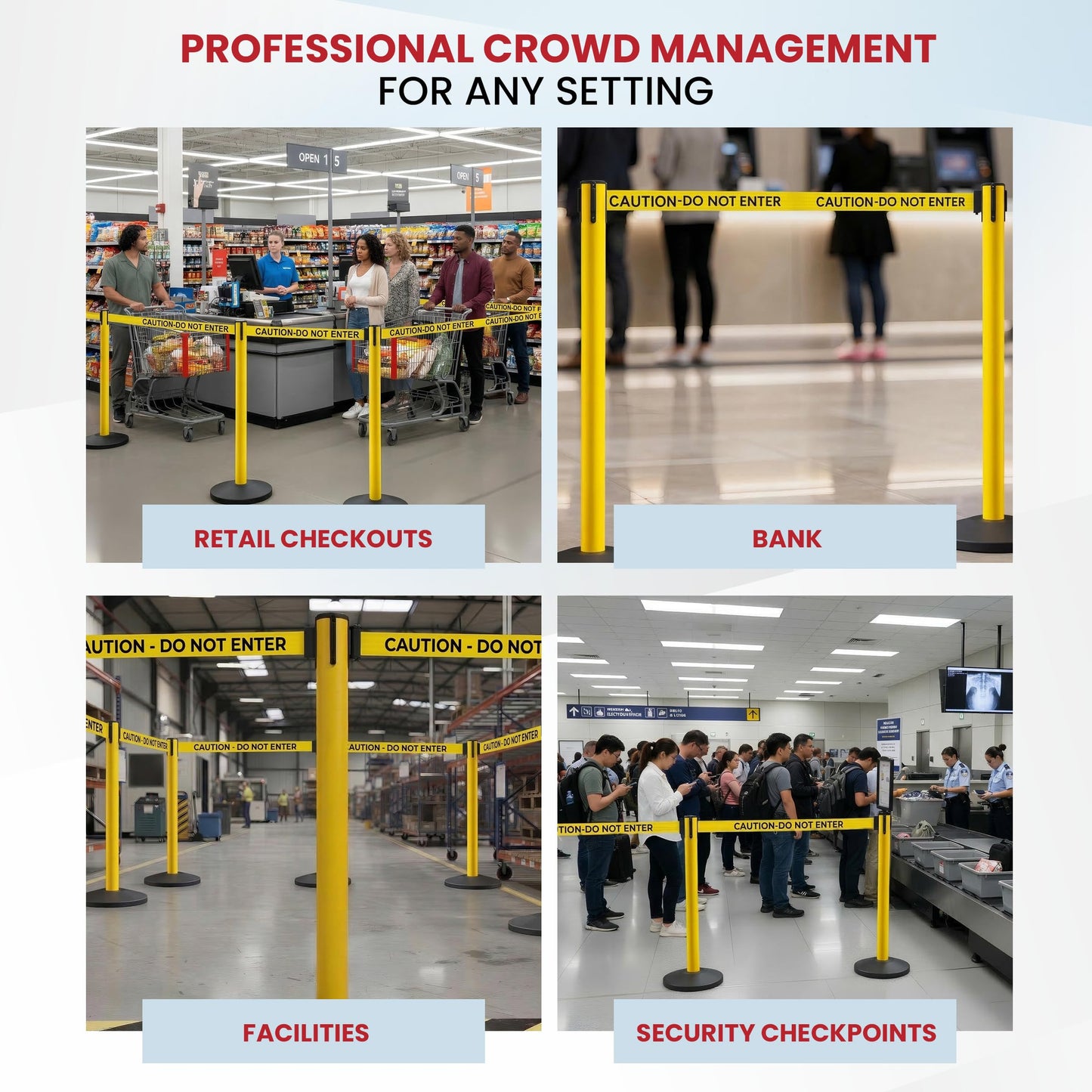 Crowd Control Warehouse Set of 2 Stanchion Retractable Belt Barriers, 11 Foot 'Caution Do Not Enter' Belt Barrier with 40” Yellow Posts, Barriers with Heavy Duty Concrete Base, CCW Series RBB-100
