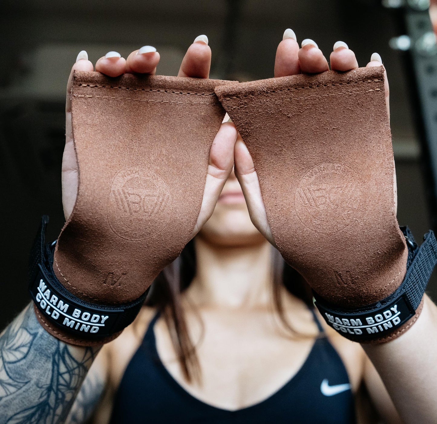 WARM BODY COLD MIND Leather Hand Grips - NO Holes for Weightlifting, Powerlifting, Gymnastics, Cross Training, Pull-Ups, Weight Lifting, Wrist and Palm Protection (Amber, S)