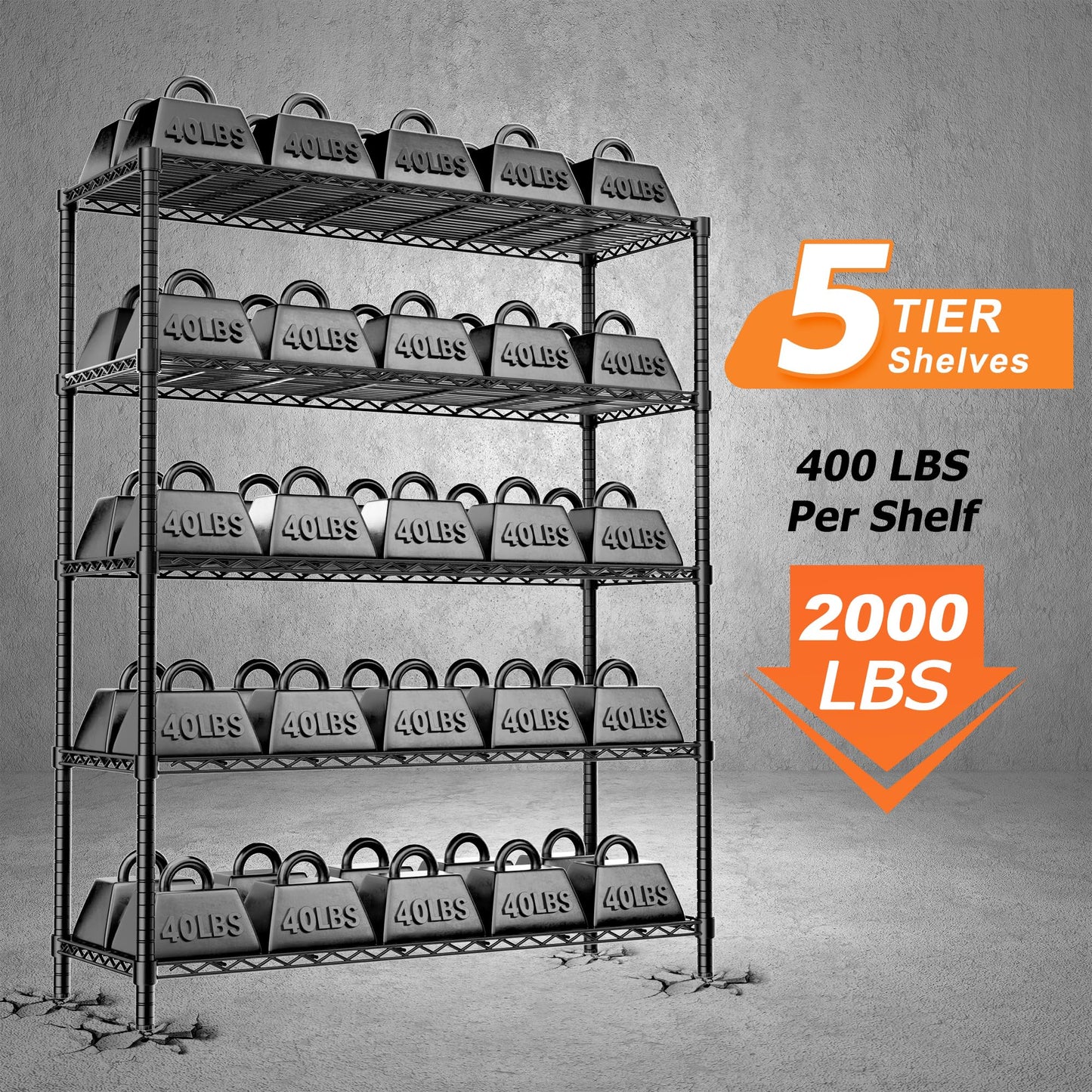 Storage Shelves Heavy Duty, 48" L x 20" W x 72" H Garage Shelving Unit Loads 2000LBS, 5-Tier Adjustable Metal Utility Shelf, Wire Shelf for Kitchen, Laundry Room, Pantry, Warehouse, Basement