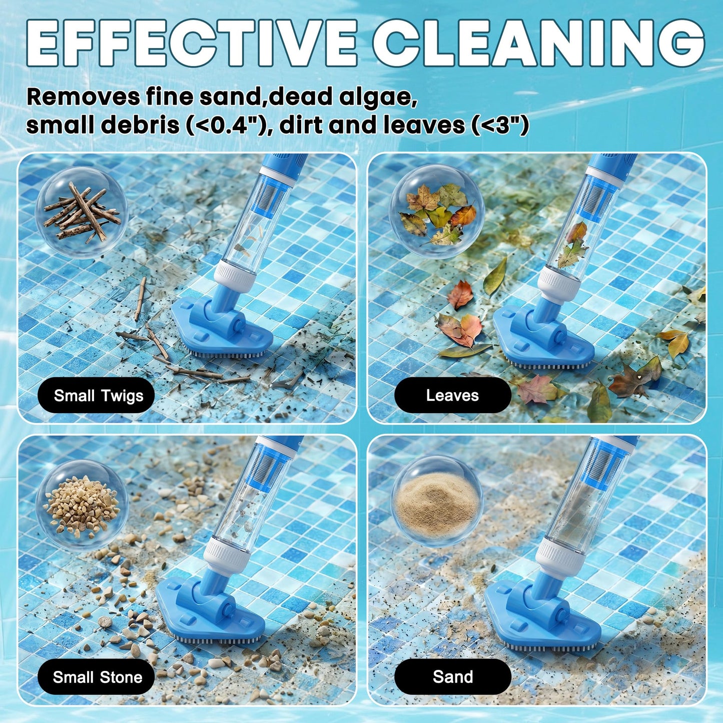 3-in-1 Cordless Pool Vacuum for Above Ground Pool, Handheld Spa Hot Tub Vacuum with 3 Brush Heads, 9.25 GPM Powerful Suction, 70 Mins Running Time, 6.04Ft Max Working Depth, Ideal for Leaves, Debris