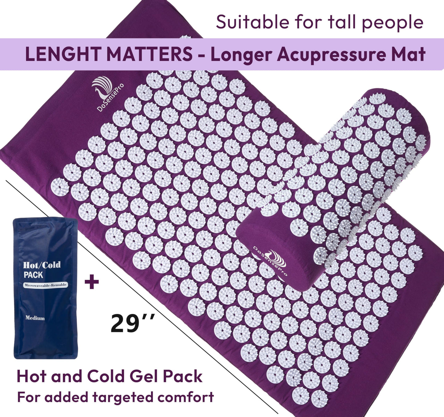 DoSensePro Acupressure Mat & Pillow Set – Extra-Long 29” Acupressure Therapy for Back & Neck Pain Relief, Sciatica, Stress Relief & Sleep Support – Includes Carry Bag & Hot/Cold Pack (Purple)