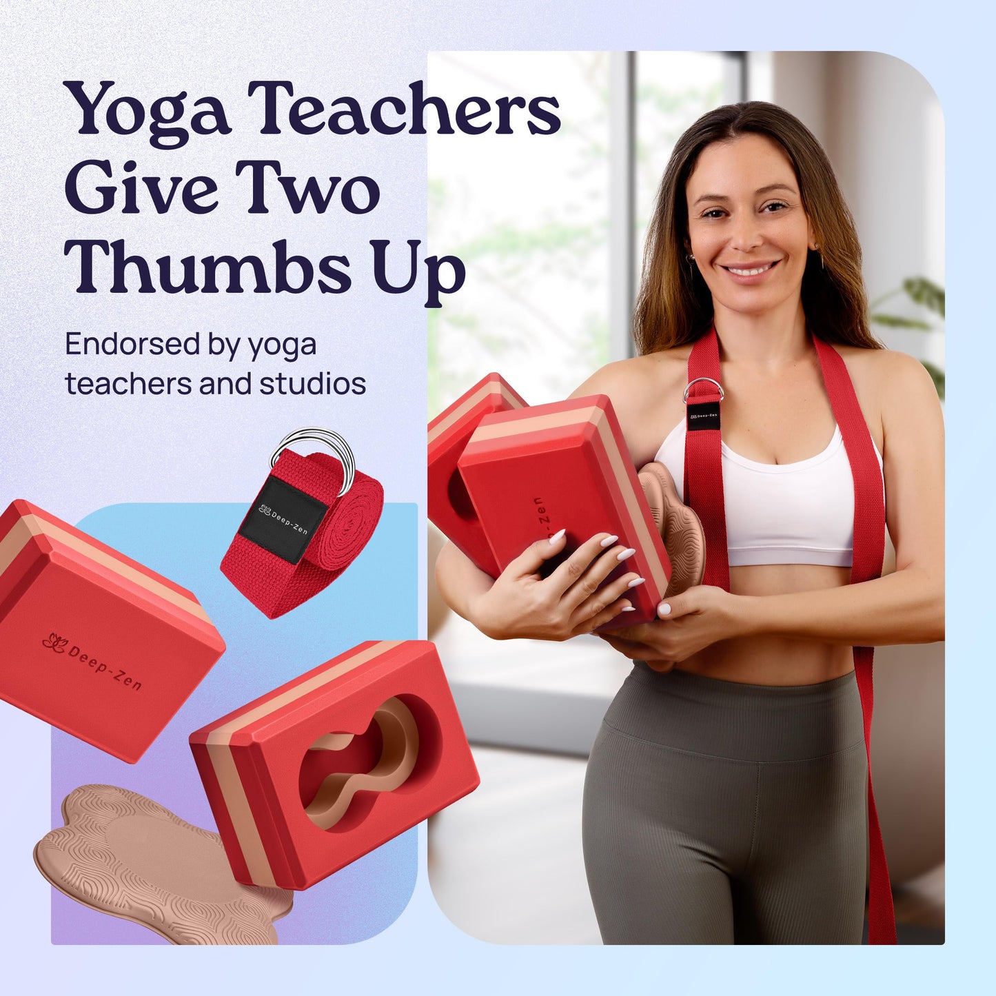 Deep-Zen® Yoga Blocks Wrist Support; Yoga Blocks 2 Pack with Knee Pads and Strap to Put Less Weight on Wrists; Durable, Versatile Yoga Brick Exercise Block Set, Blocks Yoga (Red)