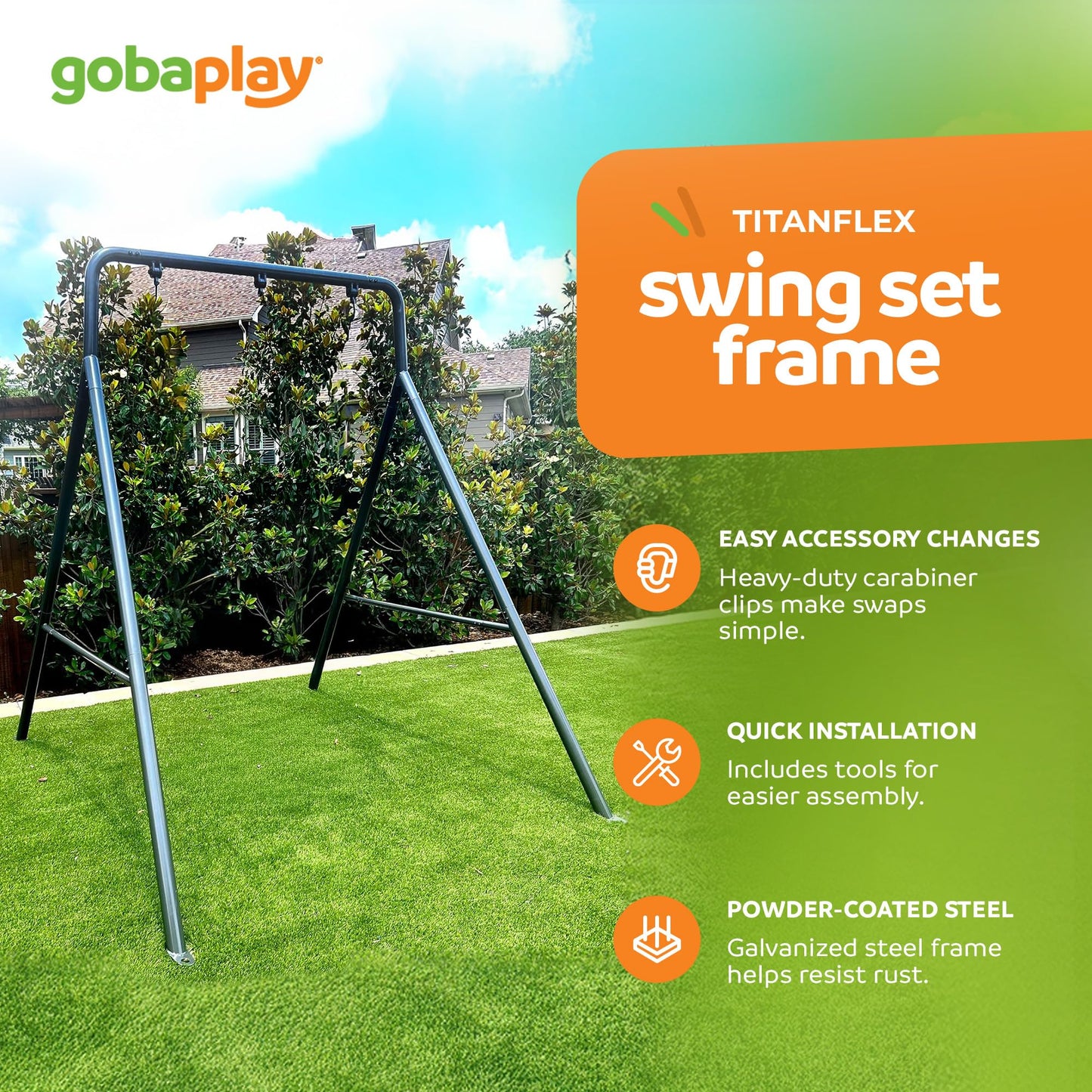 gobaplay Single Swing Set Frame, TitanFlex 6.7ft x 8.4ft Modular Metal Swingset - Outdoor & Backyard Playground Equipment for Kids (Frame Only)