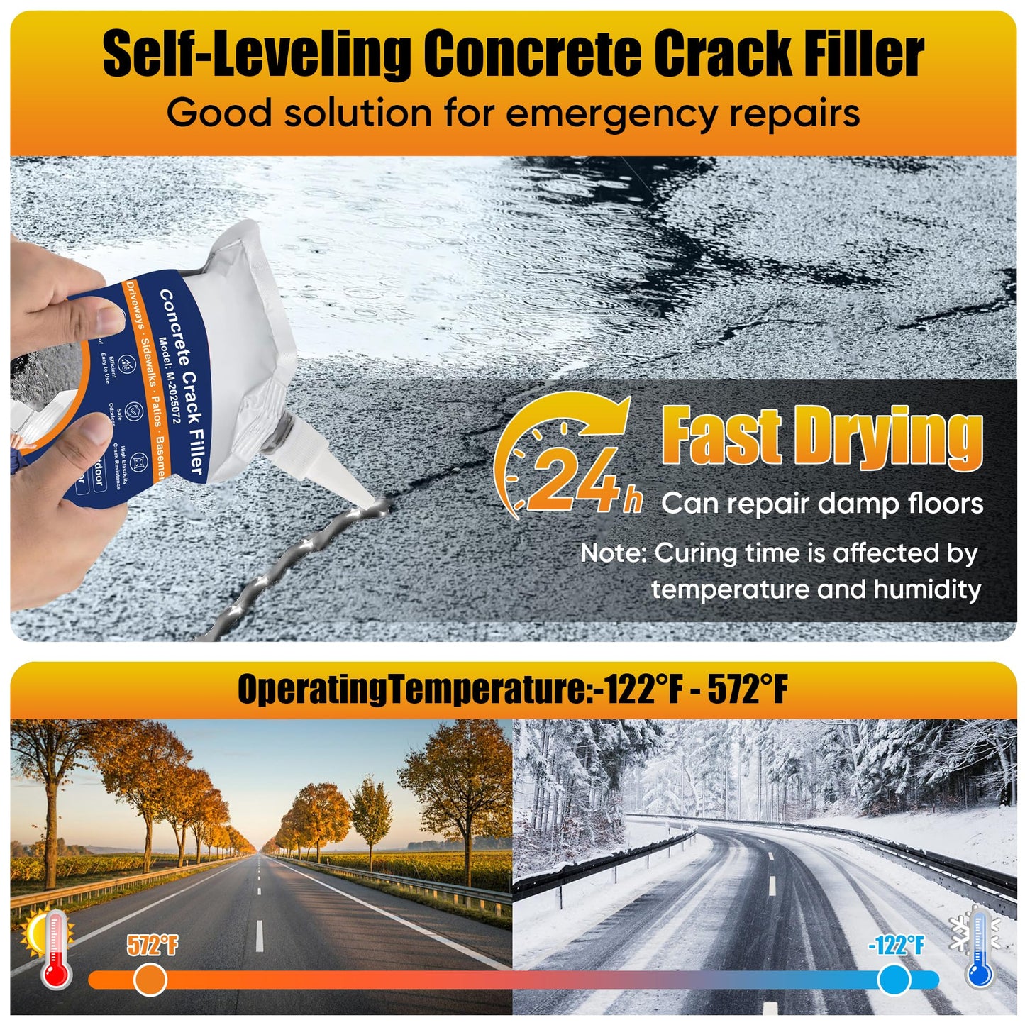 Concrete Crack Filler, 2 PCS Self-Leveling Cement Sealant, Quick-Drying Adhesive Repair for Driveways, Sidewalks, Patios, Outdoor Joint Filler, Gray