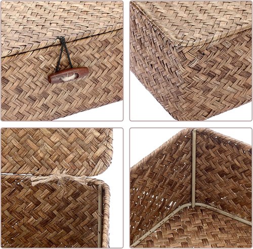 Hipiwe Seagrass Storage Basket - Woven Wicker Bin with Lid for Home Organization | Coffee X-Large