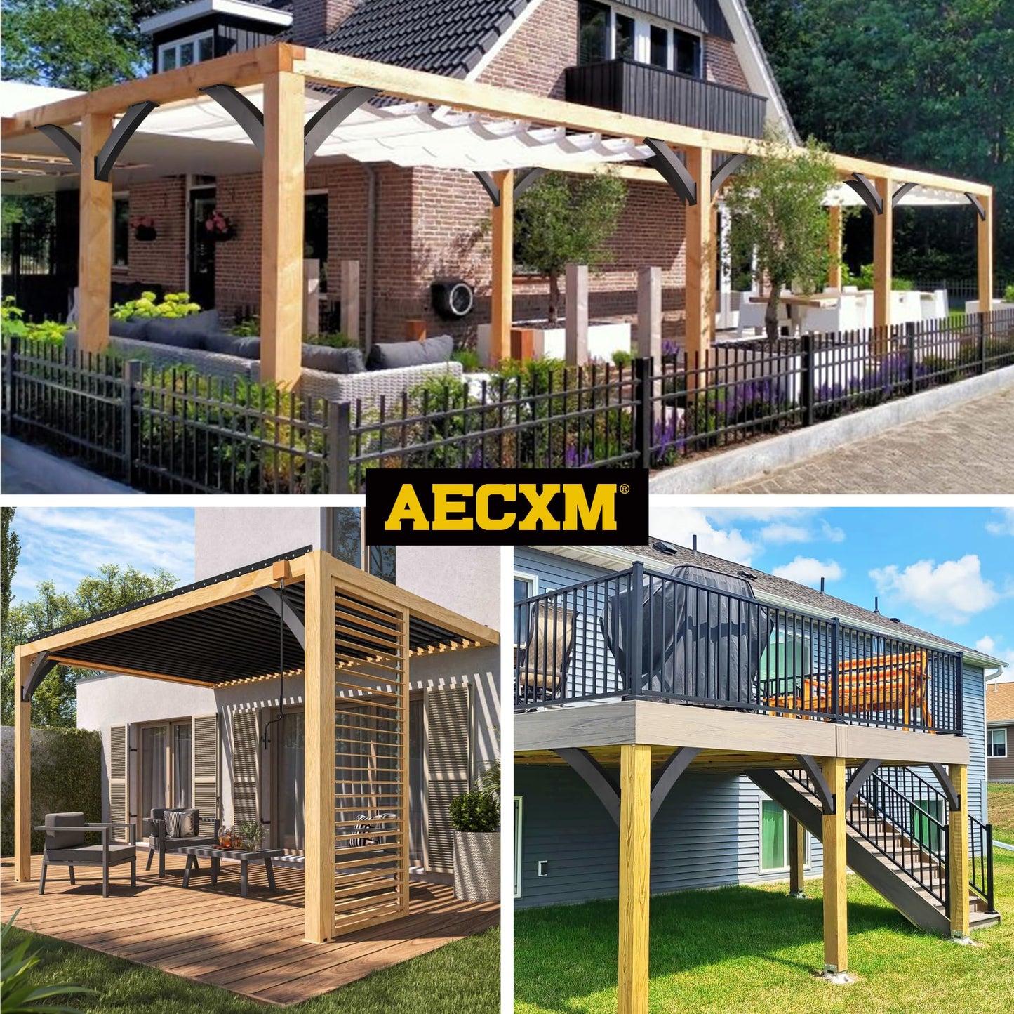 AECXM Heavy Duty 2''x4'' (Actual: 1.5''x3.2'') Arc 45° Angle Support Brackets, for gazebos, Decks, porches, Log Cabins and Other Wood Frame Degree Angle Pergola (8-Bracket)