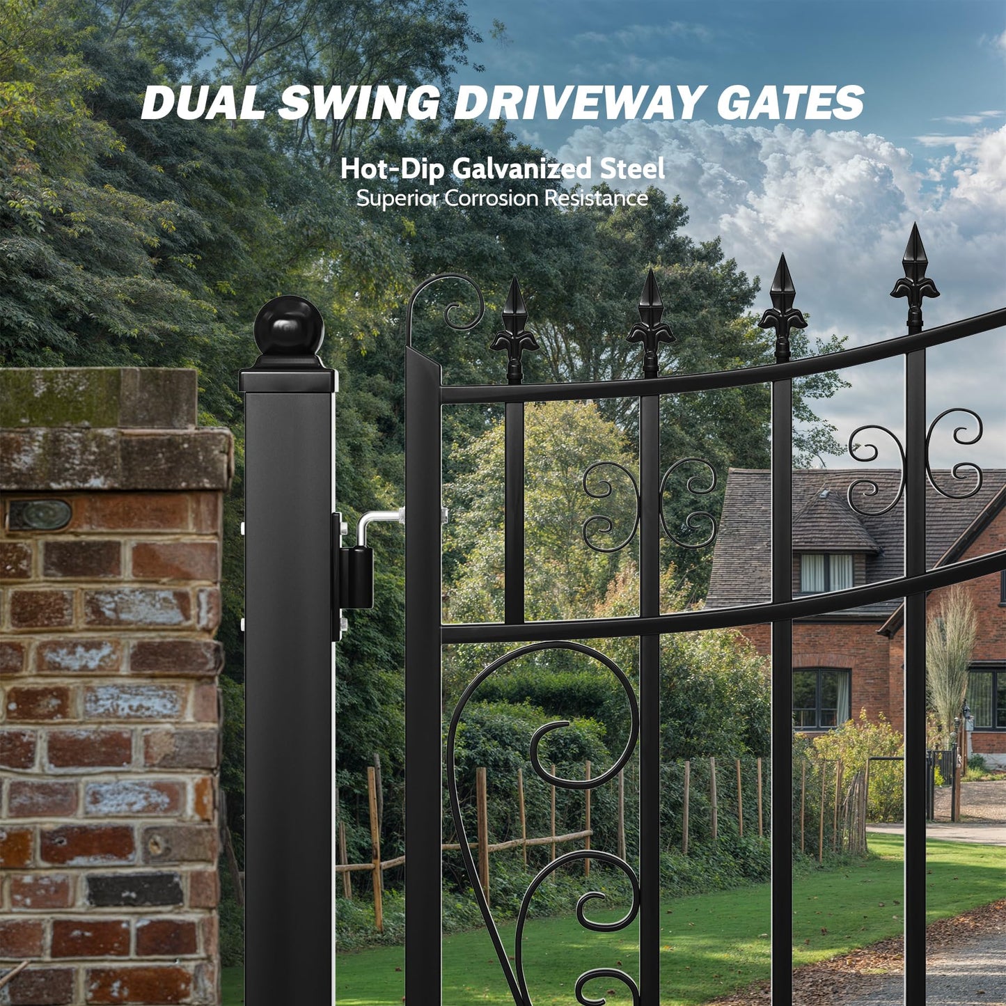 ZUMI Dual Swing Driveway Gates, 14x6 ft. Outdoor Steel Swing Gates for Driveway, Heavy-Duty Driveway Fence Gates for Home Security, Weatherproof Iron Security Gate Kit for Outdoor, Greerwich Style