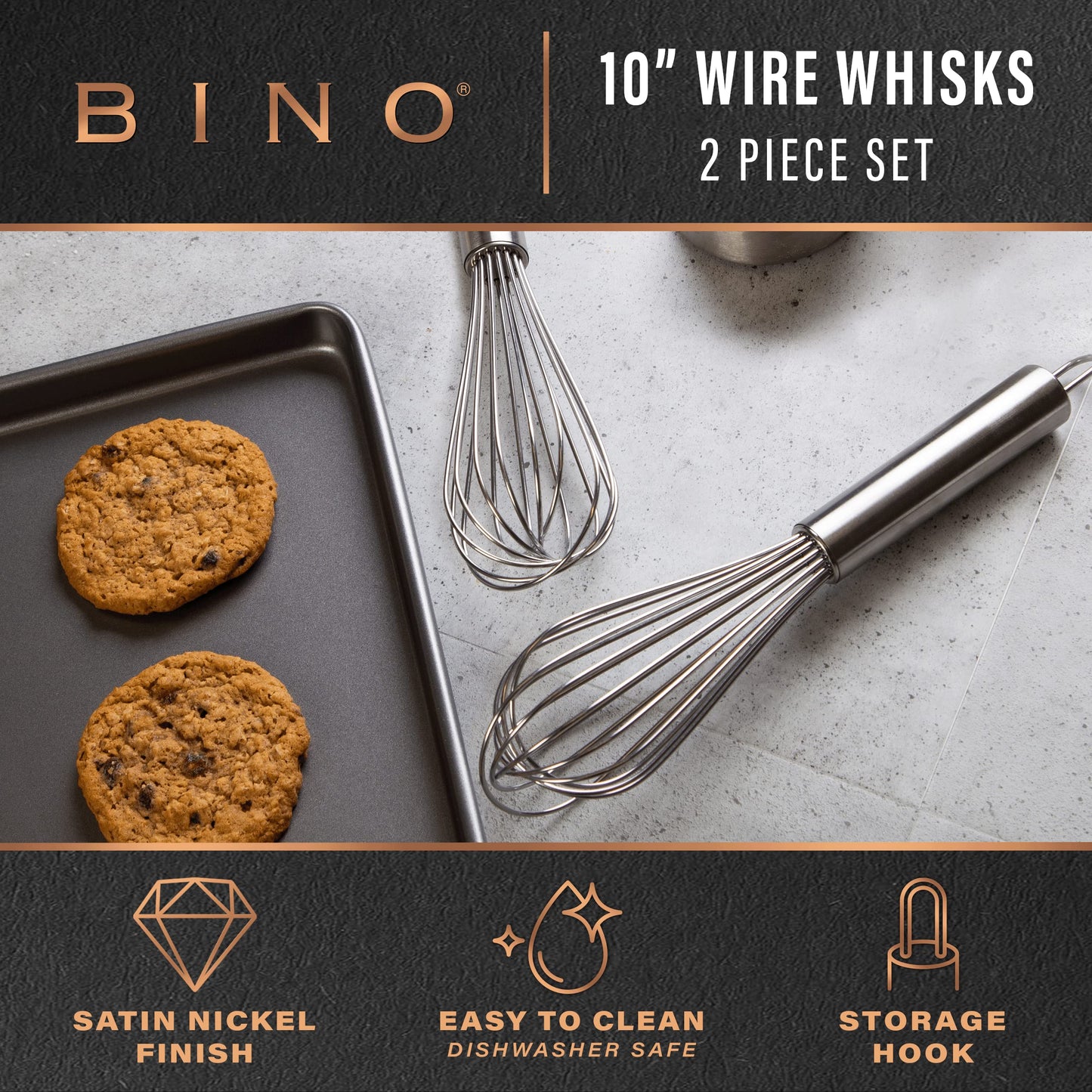 BINO 2-Piece Egg Whisk Set - 10 Inch | Thick Wire Balloon Whisk Set | Manual Egg Beater | Pancake Whisk | Kitchen Whisks for Cooking & Baking | Kitchen Utensils Whisking & Stirring | Kitchen Tools