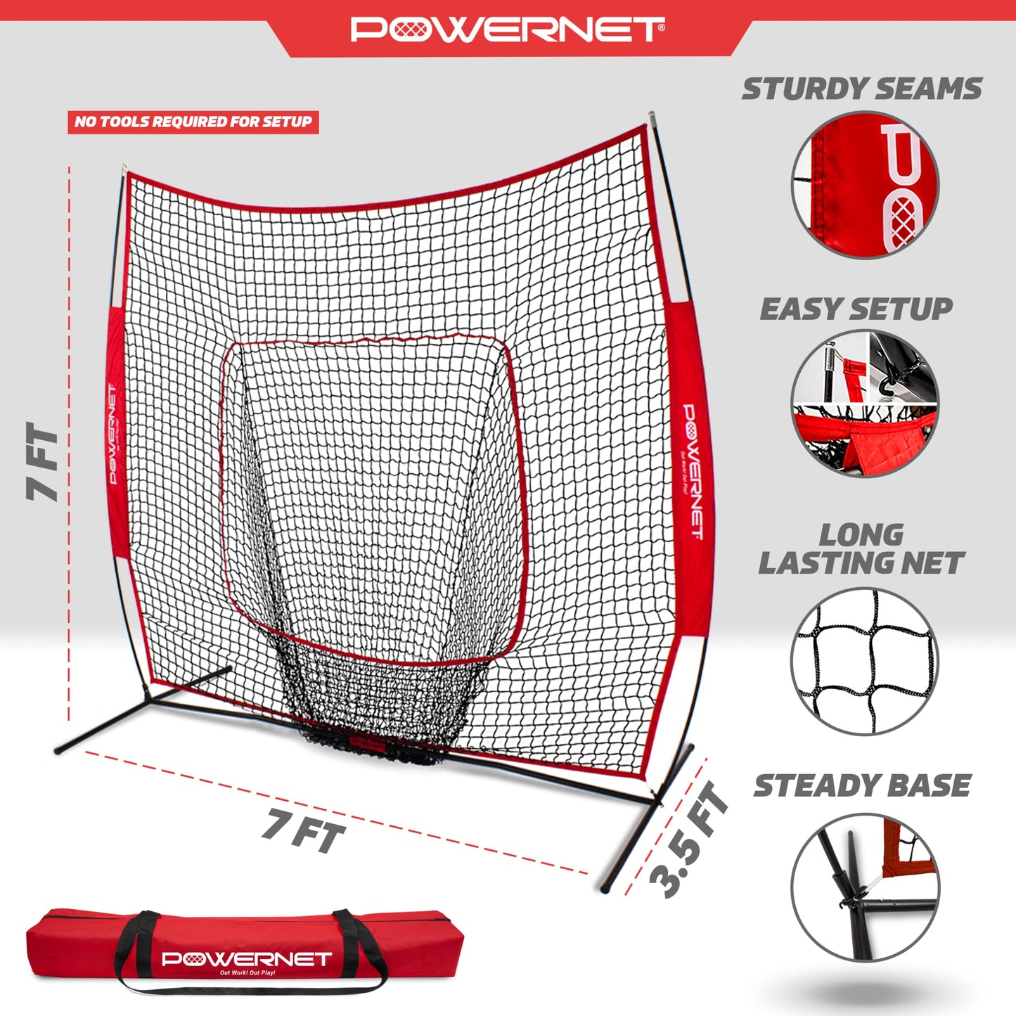 PowerNet Baseball & Softball Practice Net 7x7 FT, Outdoor Baseball Training Equipment for Pitching & Batting Practice (Red Net)