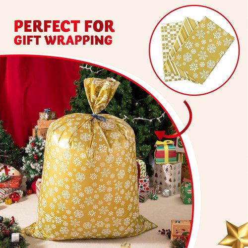 JOYIN Jumbo Gift Bags - 3 Pack 56”x36” Gold Plastic Holiday Present Bags for Christmas Decor & Large Toys