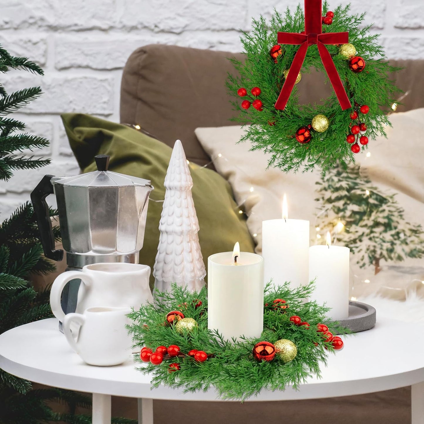 Regine Switzerland Christmas Candle Rings - 6 Pcs Mini Wreaths with Red Berries & Xmas Balls for Holiday Decor