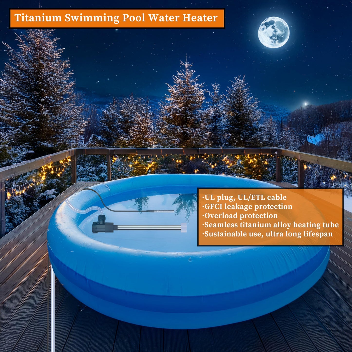 LASTINGCAPE 1800W Titanium Fully Submersible, Portable Baptistry & Hot Tub Immersion Water Heater with GFCI, Temp Control for Baptismal, Bathtubs, Swimming Pool, Above Ground Pool & Inflatable Pool