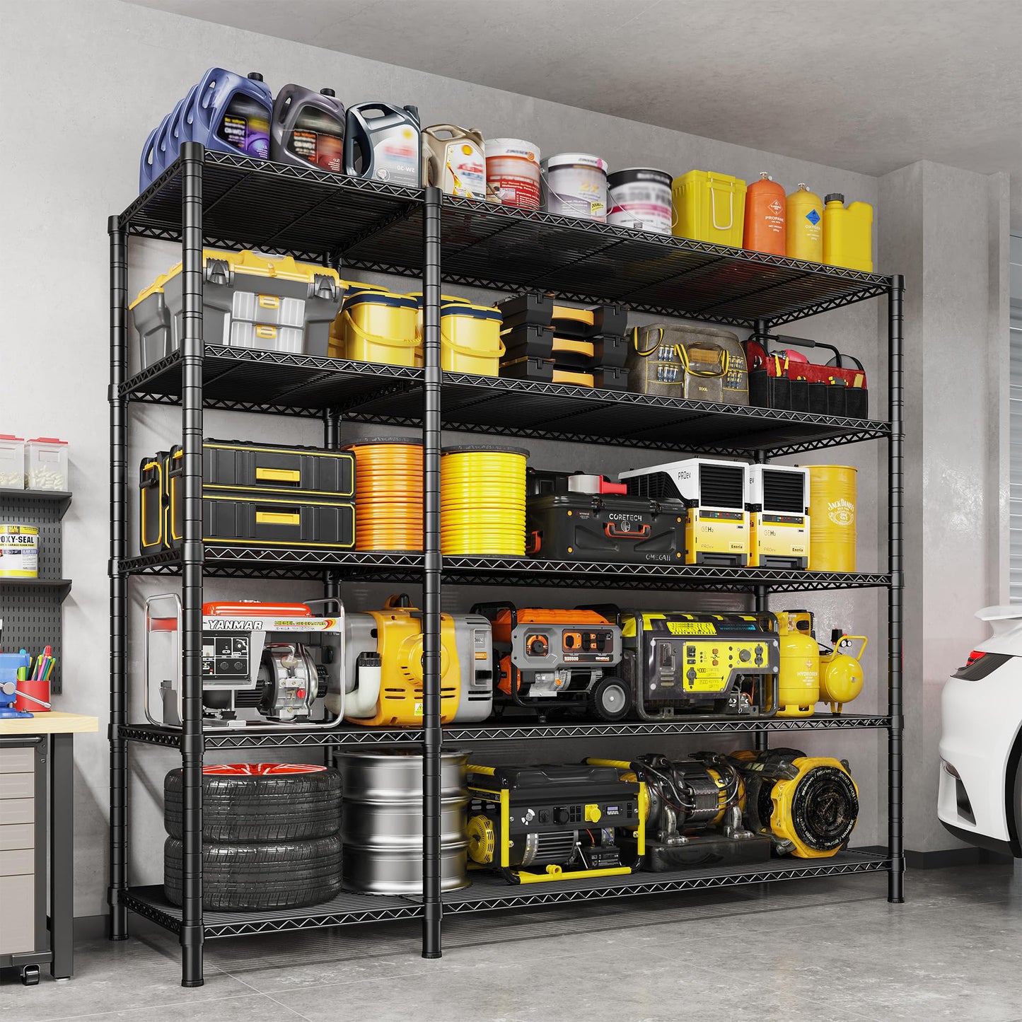 70.8"H Storage Shelves, 5-Tier Metal Shelving 1200 High-Load Heavy Duty Wire Shelving, Adjustable Metal Shelves-L Shaped Wire Shelving Units for Kitchen Garage Pantry Basement, 52.36"W x13.78"Dx70.8"H