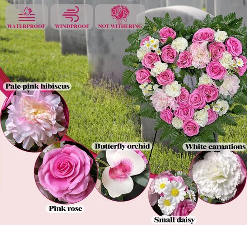 MUVIC Cemetery Flower Wreaths - Elegant Heart-Shaped Memorial Floral Arrangement | Pink Hibiscus & Daisy - 27 Inch