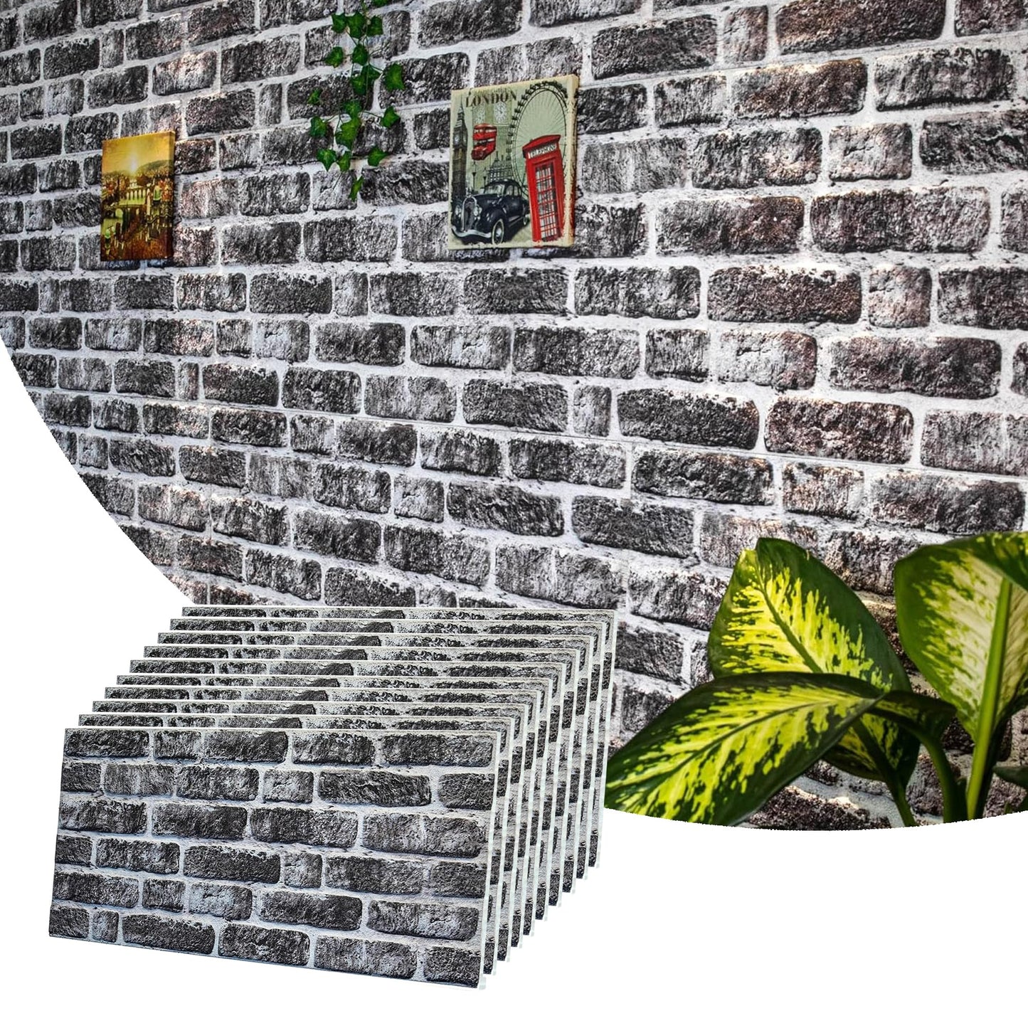 Dundee Deco 3D Wall Panels Faux Brick - Cladding, Charcoal White Stone Look Wall Paneling, Styrofoam Facing for Living Room, Kitchen, Bathroom, Balcony, Bedroom, Set of 10, Covers 54 sq ft