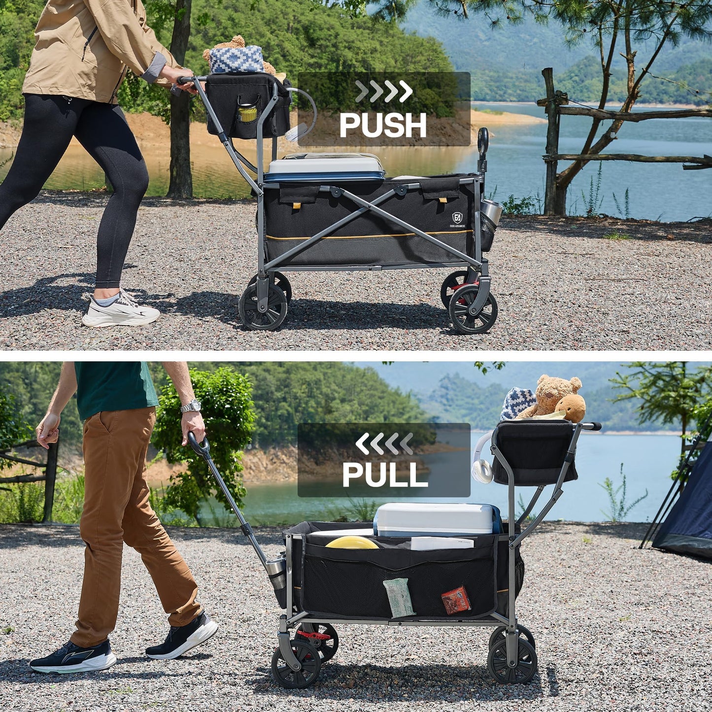 EVER ADVANCED Collapsible Push & Pull Shopping Cart with Wheels & Brakes, Foldable Wagon for Groceries with Practical Basket, Side Pockets & Cup Holders, Beach Utility Rolling Cart for Camping, Black