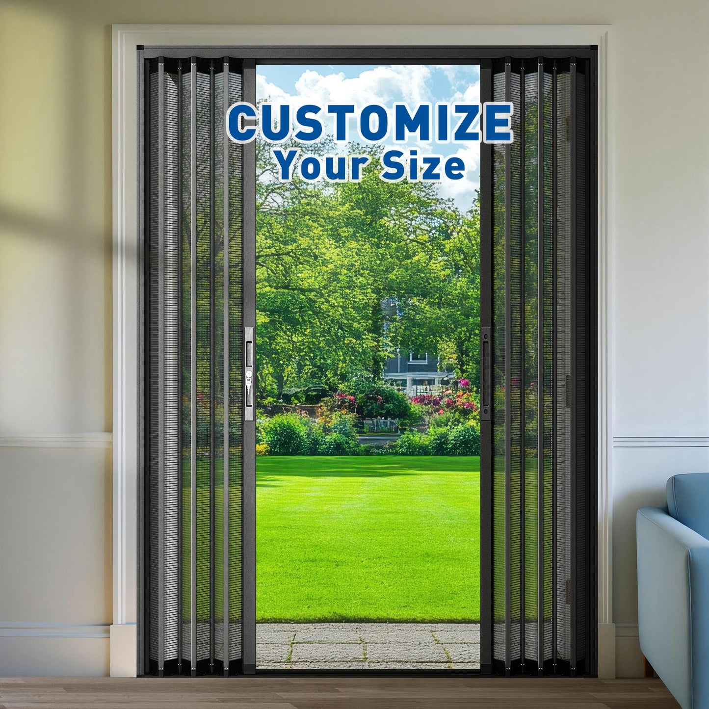 MAGZO Custom Aluminum Retractable Screen Door Middle Opening, Upgraded Heavy Duty Aluminum Frame & Sturdy Mesh with Security Lock, Easy Assemble