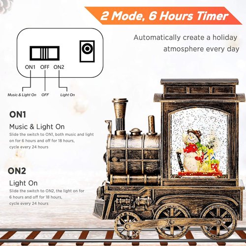 IPOW Christmas Snow Globe Lantern - Musical & Lighted Train with Glitter | USB & Battery Operated, 6-Hour Timer, Snowman Scene