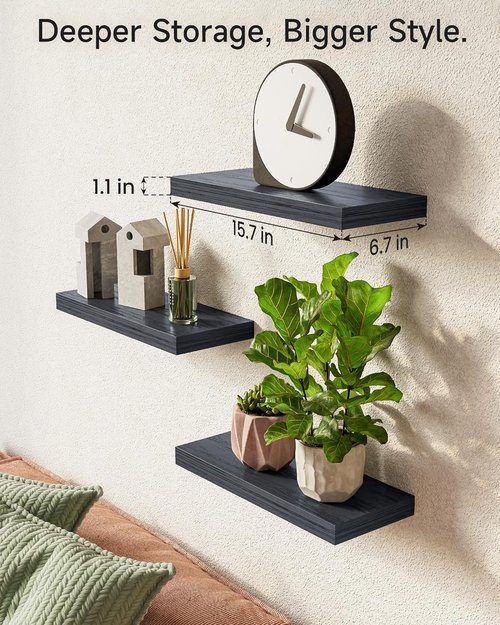 BAYKA Floating Wall Shelves - Rustic Wood Hanging Storage for Home Decor | Set of 3, 15.7in, Black