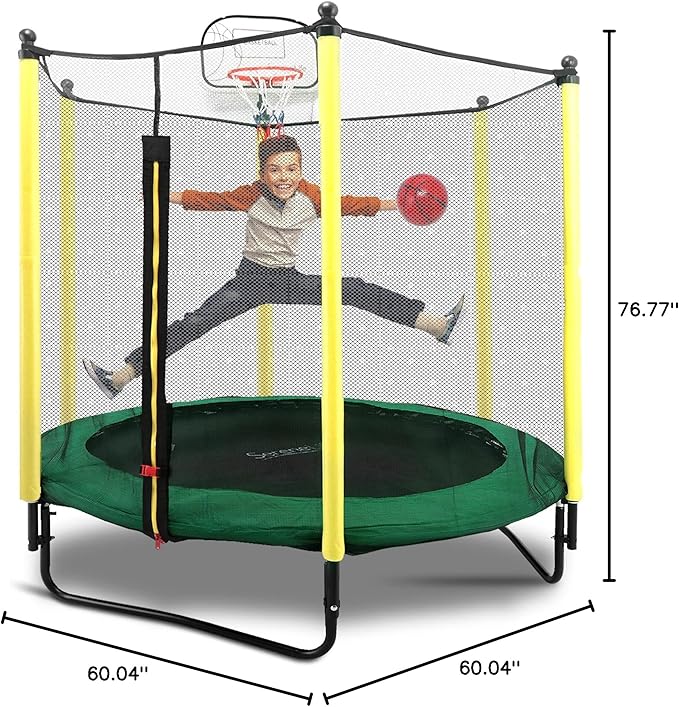 SereneLife 5FT Outdoor & Indoor Trampoline for Kids – Durable Mini Toddler Trampoline with Net Enclosure & Basketball Hoop - Supports 176 lbs, 60"x76"