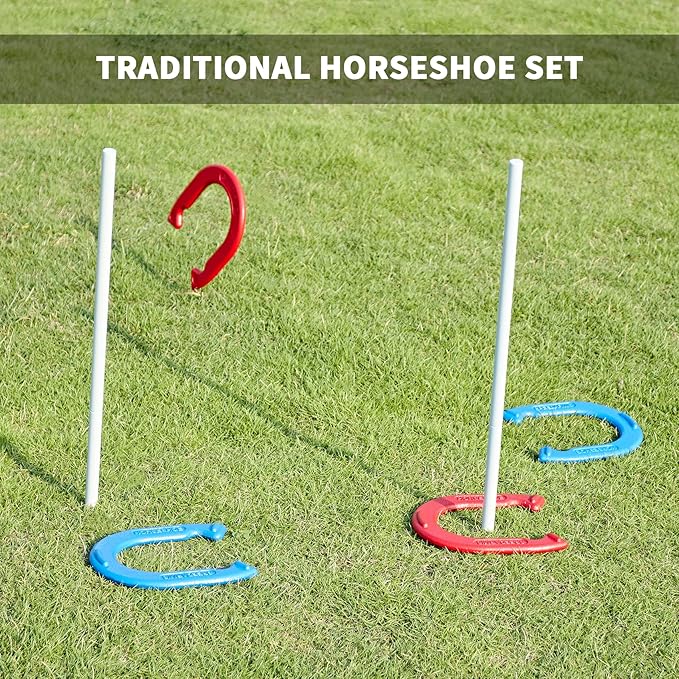 Horseshoes Outside Game Set - Universal Size Lawn Horseshoes Outdoor Games for Parties Beach Backyard, Includes 4 Horseshoes, 2 Steel Stakes and Durable Carrying Bag
