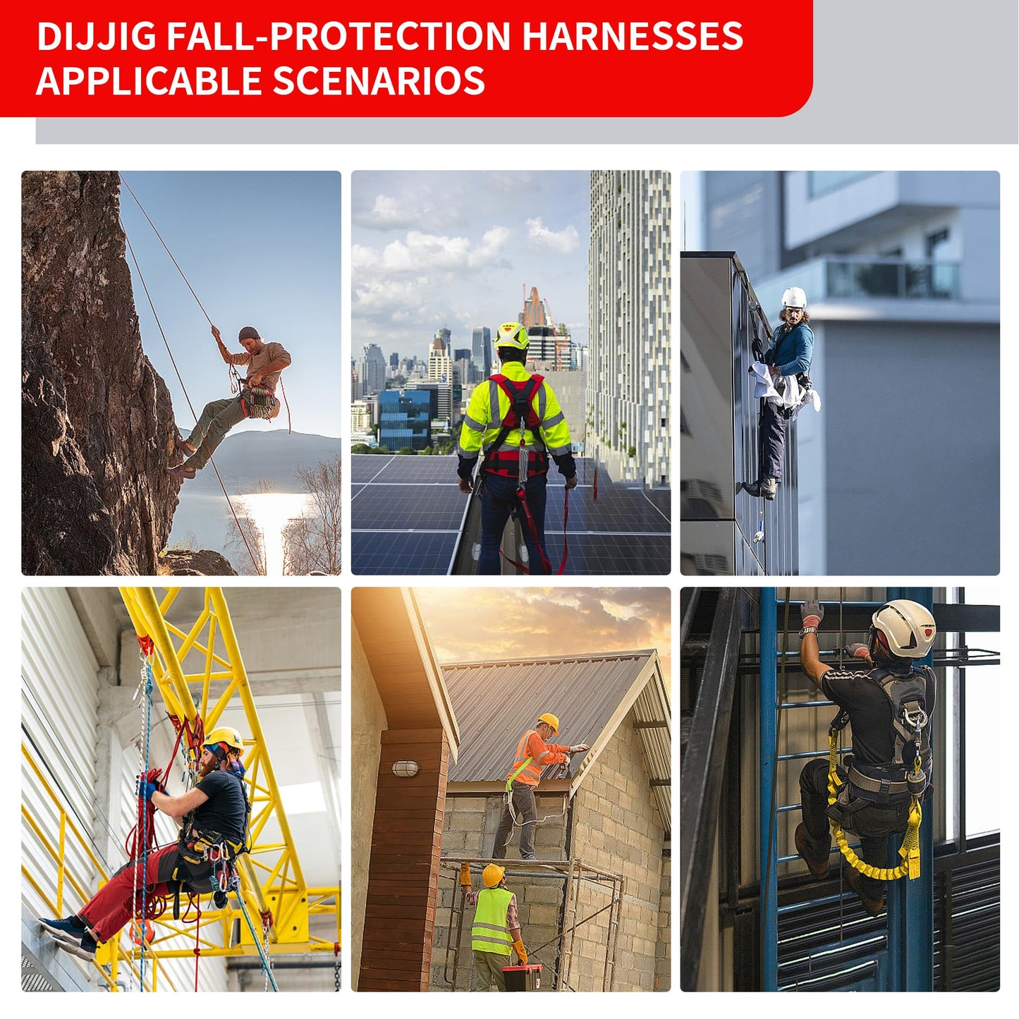 DIJJIG Fall Protection Safety Full Body Harness 5pt Adjustment Safe Comfortable Construction Positioning Harness Extra Long Thick Leg Back Padded Push-Button Quick-Lock Buckles OSHA and ANSI compliant