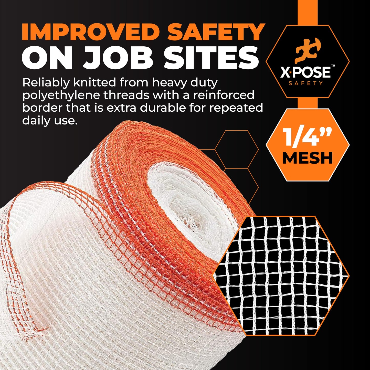 Xpose Safety Construction Safety Netting – 8.5' x 150', 1/4" Mesh Scaffold Safety Net, Temporary Material Roll, Visibility Fence, Heavy-Duty Fire Retardant, White