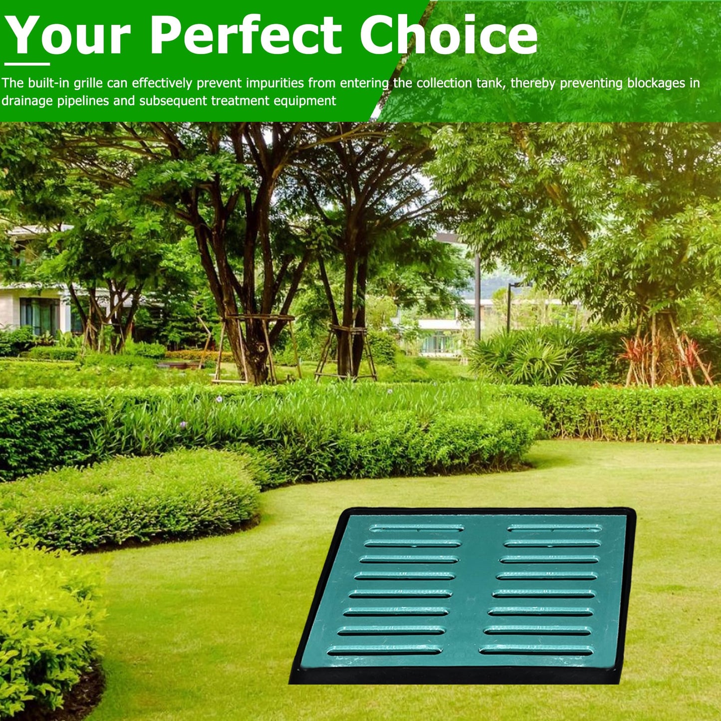 18x18x24 in Large Catch Basin for Drainage with Debris Basket,Catch Basin with Fiber Glass Grate,French Drain Catch Basin Without pre drilled Holes are Suitable for courtyards, downspouts, lawns