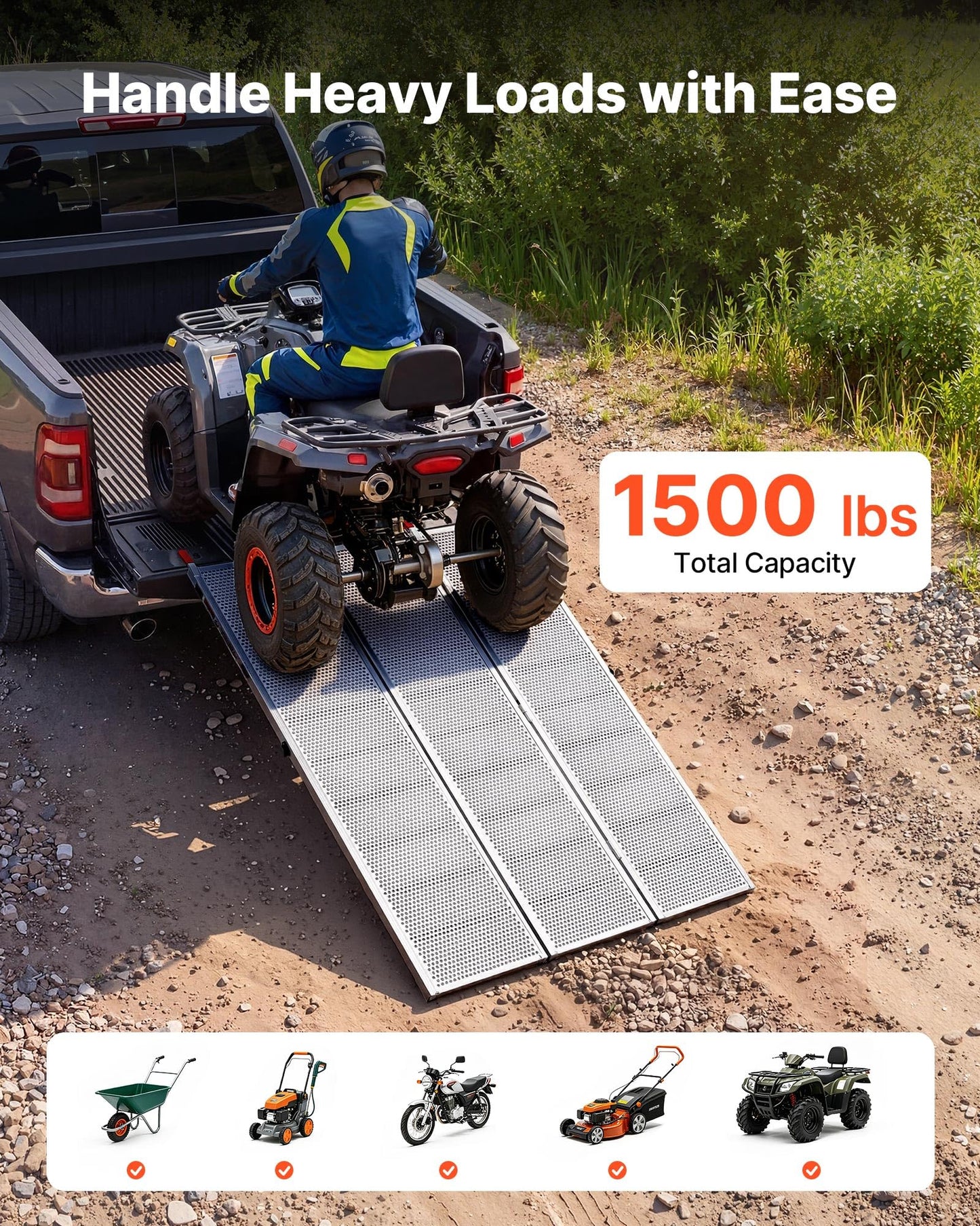 VEVOR Aluminum Trailer Ramps, 76 x 54 in Tri-Folding Truck Ramps with Straps & Non-Slip Rubber Fingers, 1500LBS Capacity ATV Loading Ramps for Pickup Trucks, Motorcycles, Lawn Mowers, Tractors, Carts
