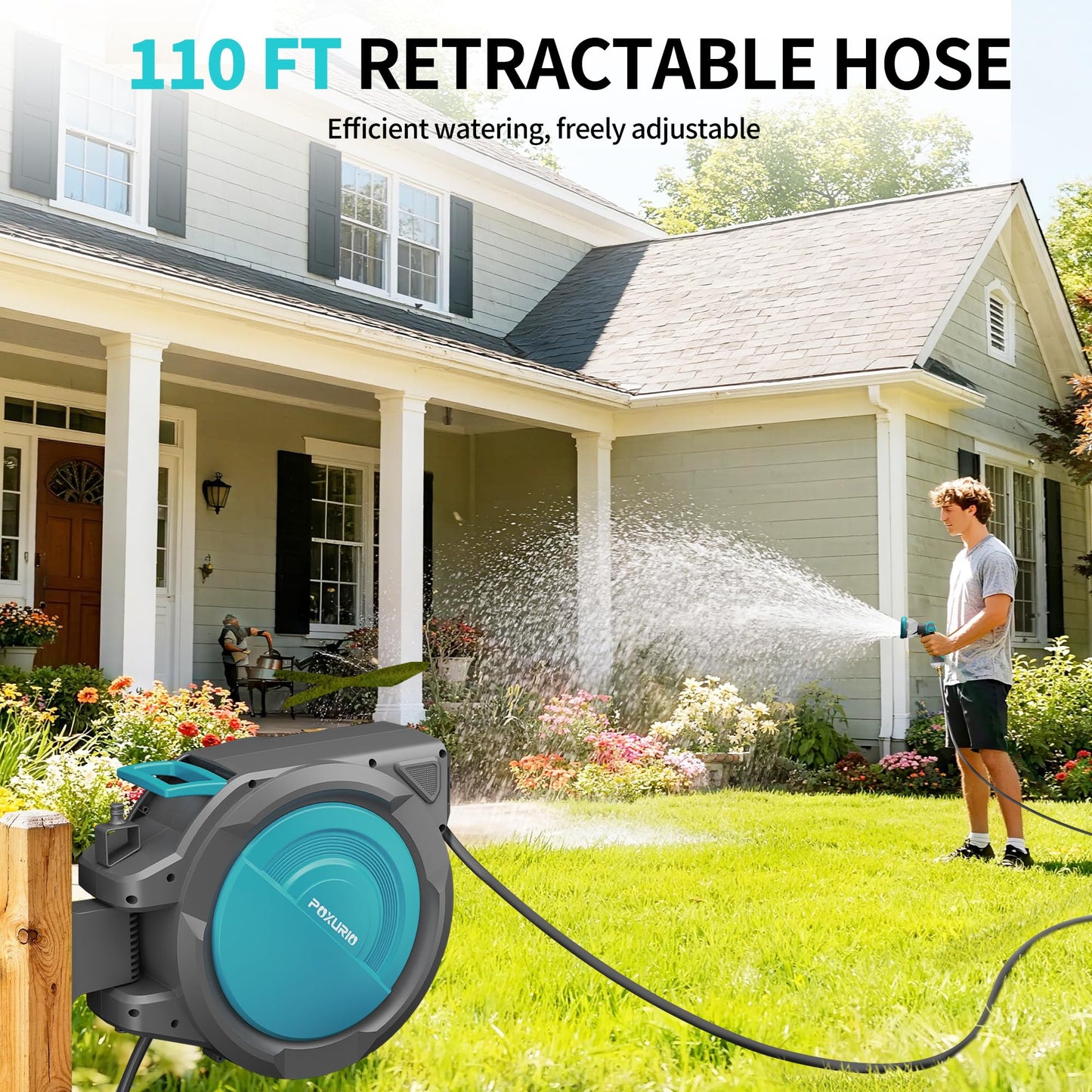 POXURIO 1/2" 110FT Retractable Garden Hose Reel, Wall Mounted Automatic Hose Reel with Upgraded 10 Pattern Nozzle/Any Length Lock/Slow Return System/180°Swivel Bracket, AquaBlue