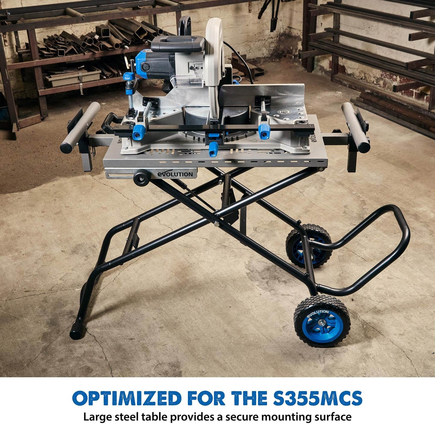 EVOLUTION MCSSTAND | Mitering Chop Saw Stand with Powerlift Assist | Heavy-Duty Steel Frame | All-Terrain Wheels | Compatible S14MCS, S355MCS, S355CPSL, S14CPS, S15CPS | Gas-Strut Lift
