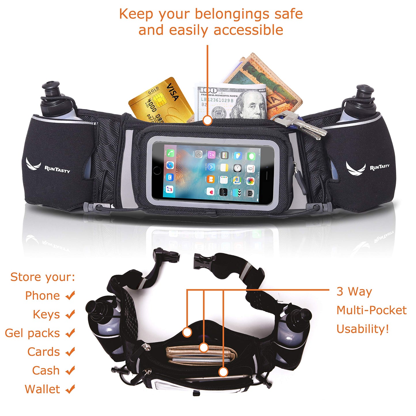 Runtasty Premium Hydration Running Belt with 2 BPA-Free 10oz Water Bottles – For Men & Women, Bounce-Free Fit, Water-Resistant Zippered Storage & Clear Tilt-Up Phone Pocket, Jogging & Marathon Ready