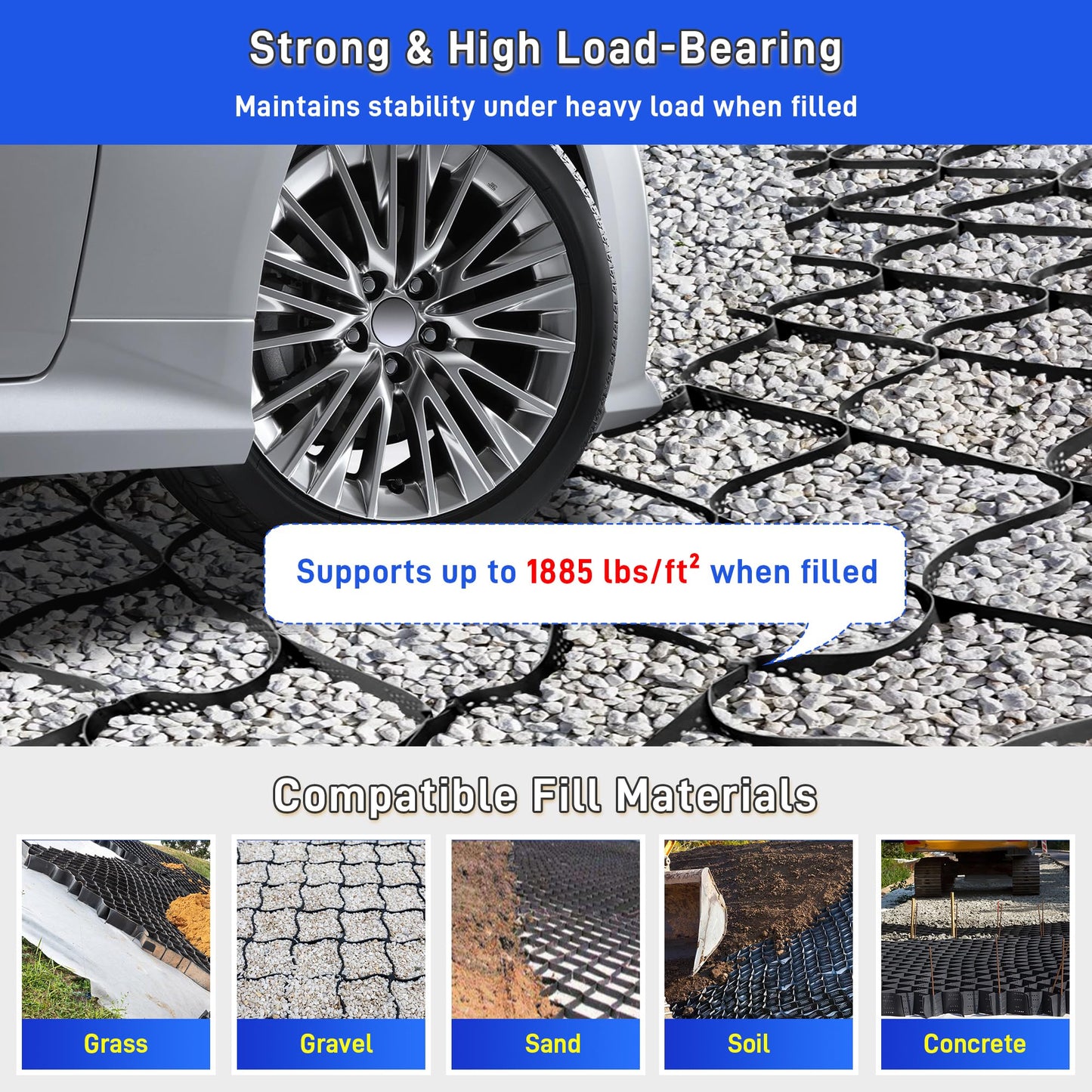 Gravel Grid 3" Thick Geo Ground Grid, 36x4 FT Geo Cell Gravel Retainer 1885 LBS Per Sq ft, Foldable Permeable Stabilization System with Connection Buckles for Driveway Walkway Landscaping and Slopes
